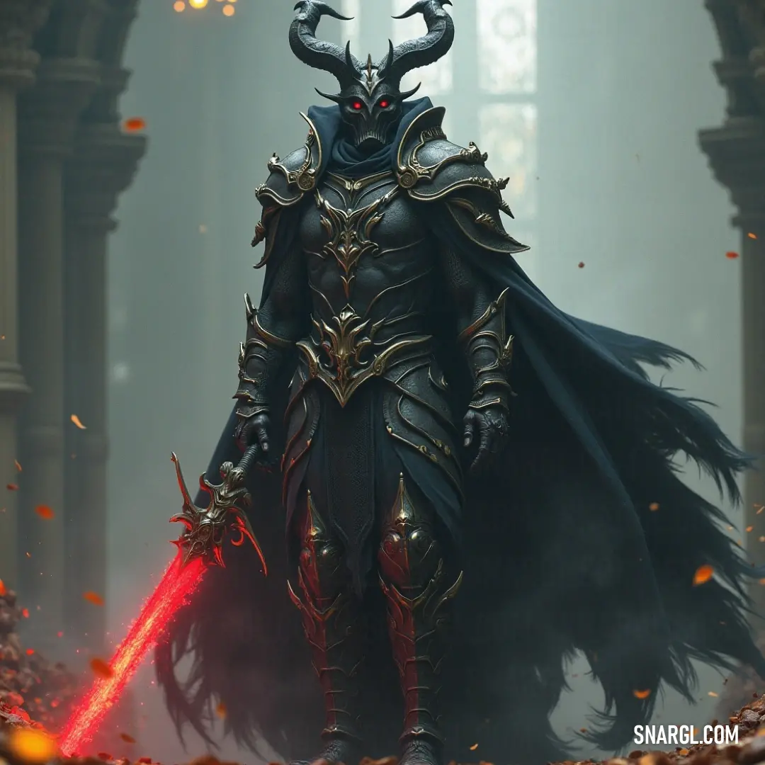 A fierce warrior in a horned costume stands defiantly in a dark realm, ready for any challenge that comes his way. An armored figure adorned with imposing horns brandishes a sword, exuding power and dark elegance while standing resolutely in an enveloping darkness, hinting at stories of valor and battles fought in the obscurity.