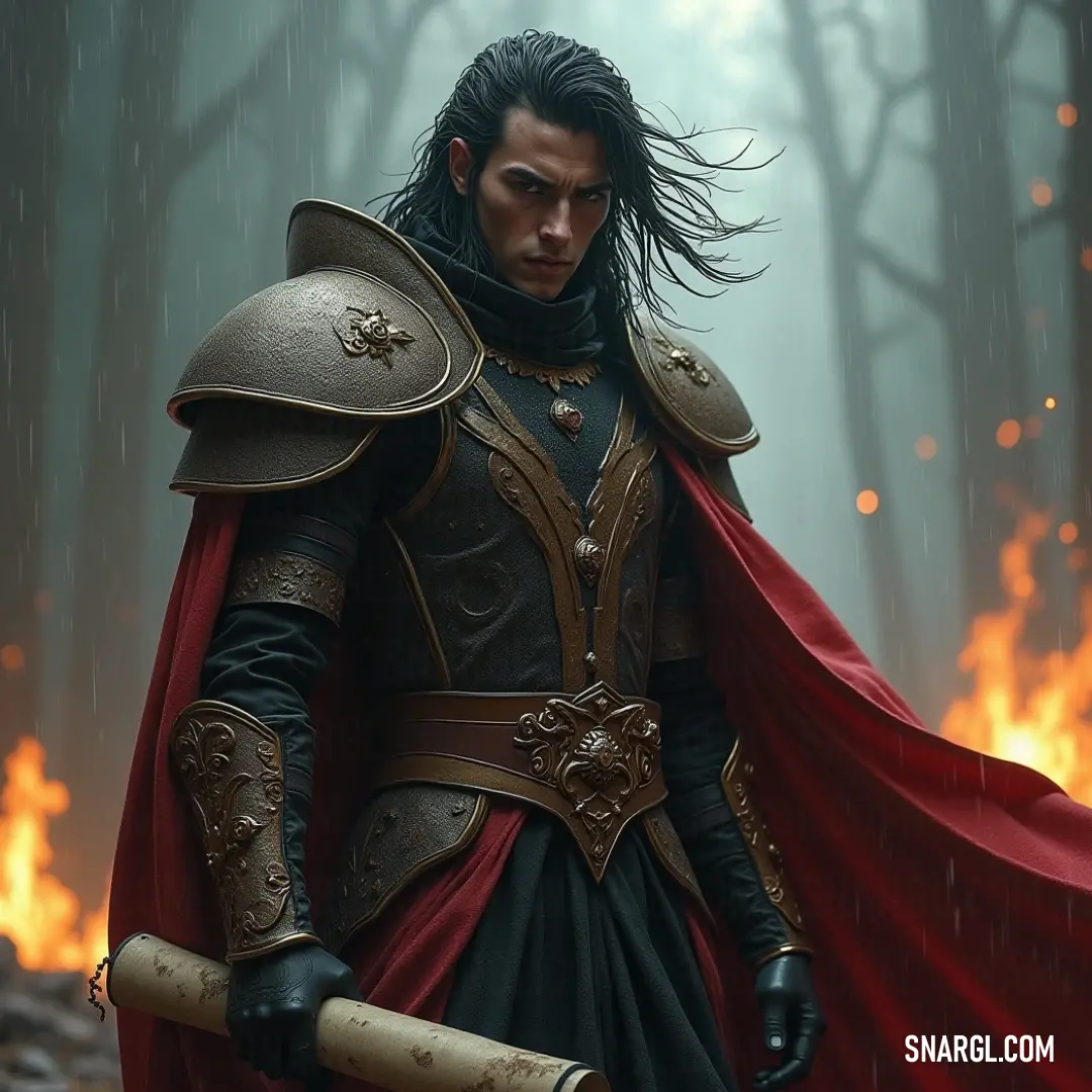 A valiant knight in shining armor, thrusting his sword upward, as a tumultuous forest blaze illuminates his heroic stance, surrounded by the chaotic beauty of fire and nature. An armored warrior stands boldly in a dense forest, sword raised high amidst a surrounding inferno, flames dancing in the air as a striking red cape trails behind him, symbolizing daring bravery in the face of chaos.