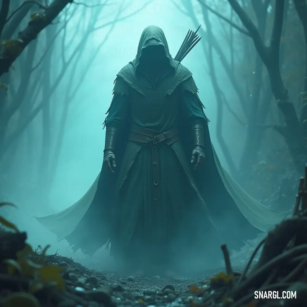 A stealthy inquisitor in a hooded outfit prepares for the hunt, hidden within the depths of an enchanting forest. A silent hunter in a hooded garb takes refuge inside a lush forest, his bow at the ready, perfectly camouflaged amidst the intricate play of light and shadows that envelop the towering trees.