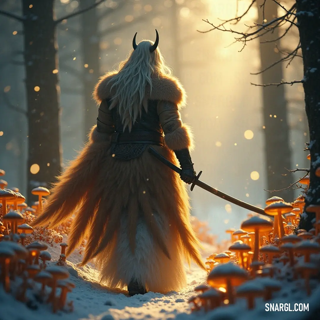 Inquisitor Kallus, dressed in a striking furry ensemble, stands ready in a snowy forest, wielding her sword amidst a woodland adorned with colorful mushrooms, hinting at hidden adventures. Clad in a unique furry outfit, Inquisitor Kallus brandishes her sword in a whimsical snowy forest, where vibrant mushrooms pepper the landscape, creating an enchanting backdrop for her quest in the magical winter wilds.
