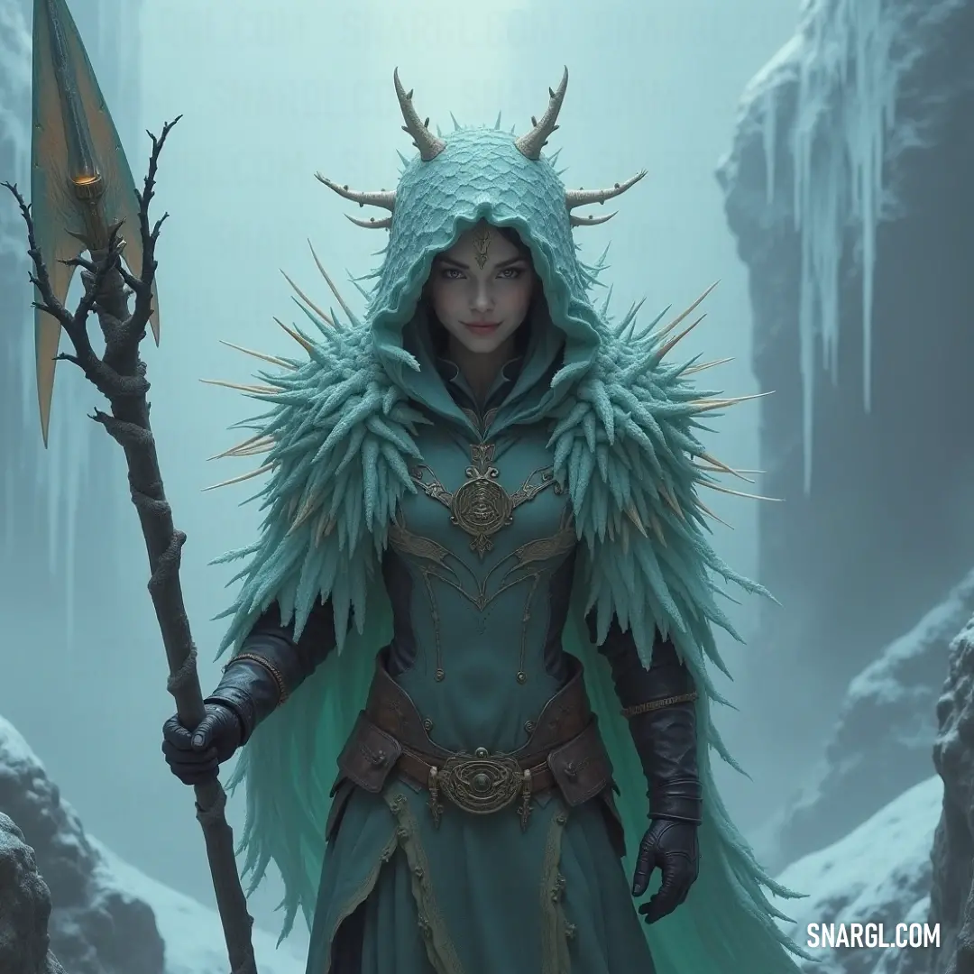 A striking character enveloped in an elegant green dress and adorned with intricate horns, captivating all with her mystical staff and the ethereal air that surrounds her. A captivating figure in a flowing green dress stands confidently, adorned with majestic horns and a striking headdress. Holding a mysterious staff, she embodies the essence of fantasy, inviting curiosity with each enchanting detail.