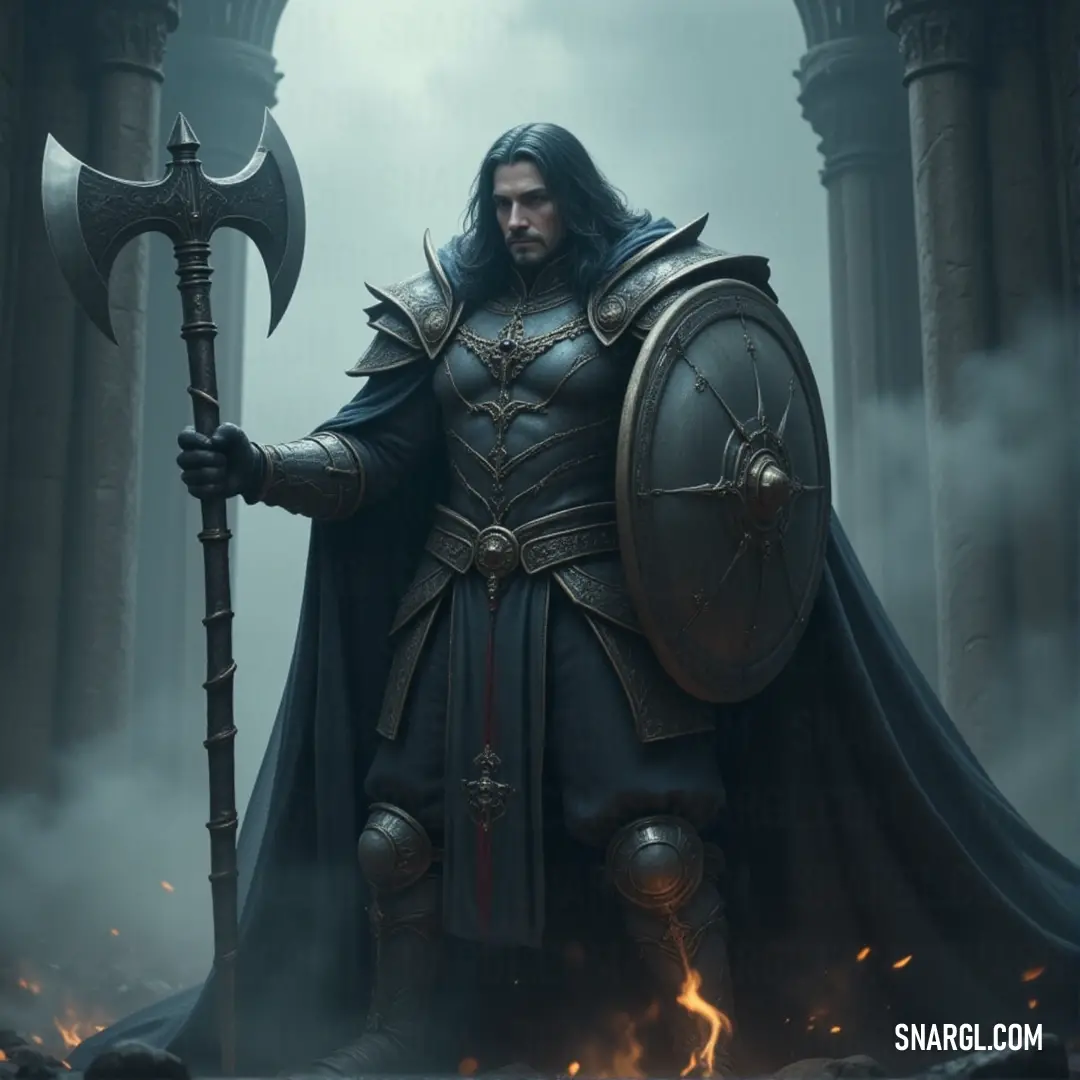 Inquisitor Malos, dressed in black, stands with his sword and shield raised, a fierce backdrop of flames lighting up the scene. His dark outfit contrasts sharply with the fiery inferno behind him.