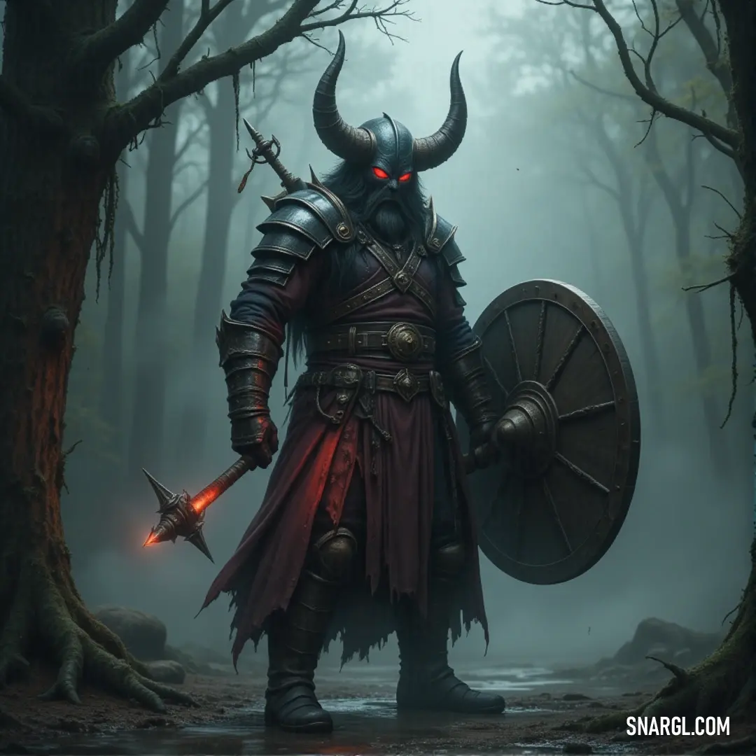 A warrior in a horned suit stands poised in a foggy forest, his sword raised and shield ready. The mist rolls through the dense trees, and an eerie silence hangs in the air as he surveys his surroundings.