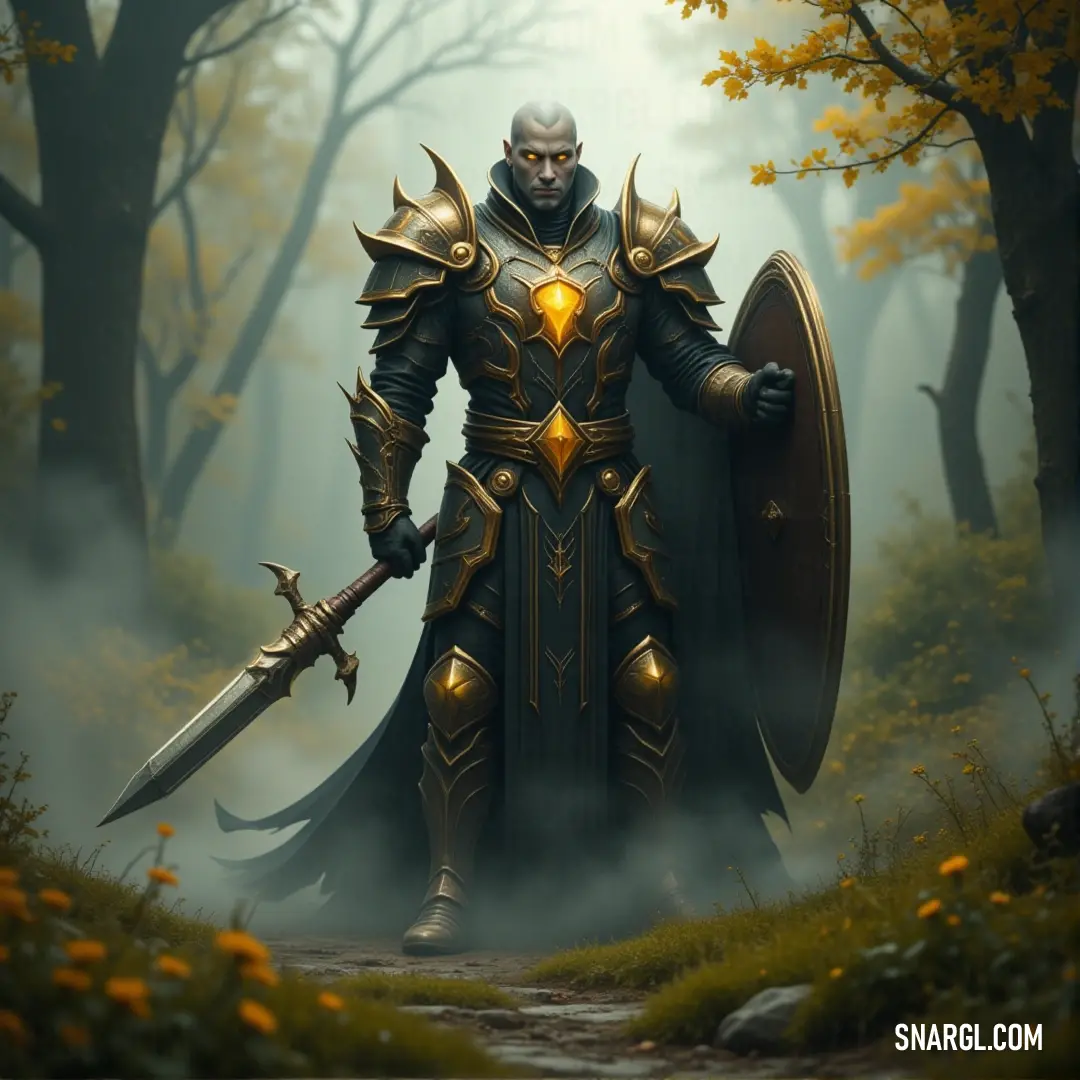 Inquisitor Marcus, clad in fantasy-inspired armor, stands with a sword in one hand and a shield adorned with a glowing light. The intensity of the light around him marks him as a figure of immense power.