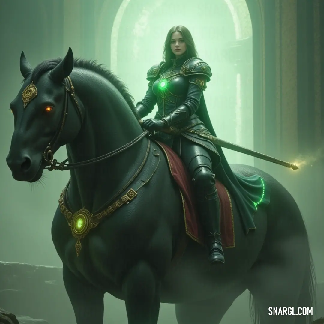 Inquisitor Marcus, draped in green, gallops confidently through the dark chamber, her equine companion reflecting the duality of strength and mystery under the cloak of shadows. Inquisitor Marcus rides courageously upon a majestic horse, the green light on her forehead blending with her emerald attire, creating a striking image against the backdrop of a shadowy room.