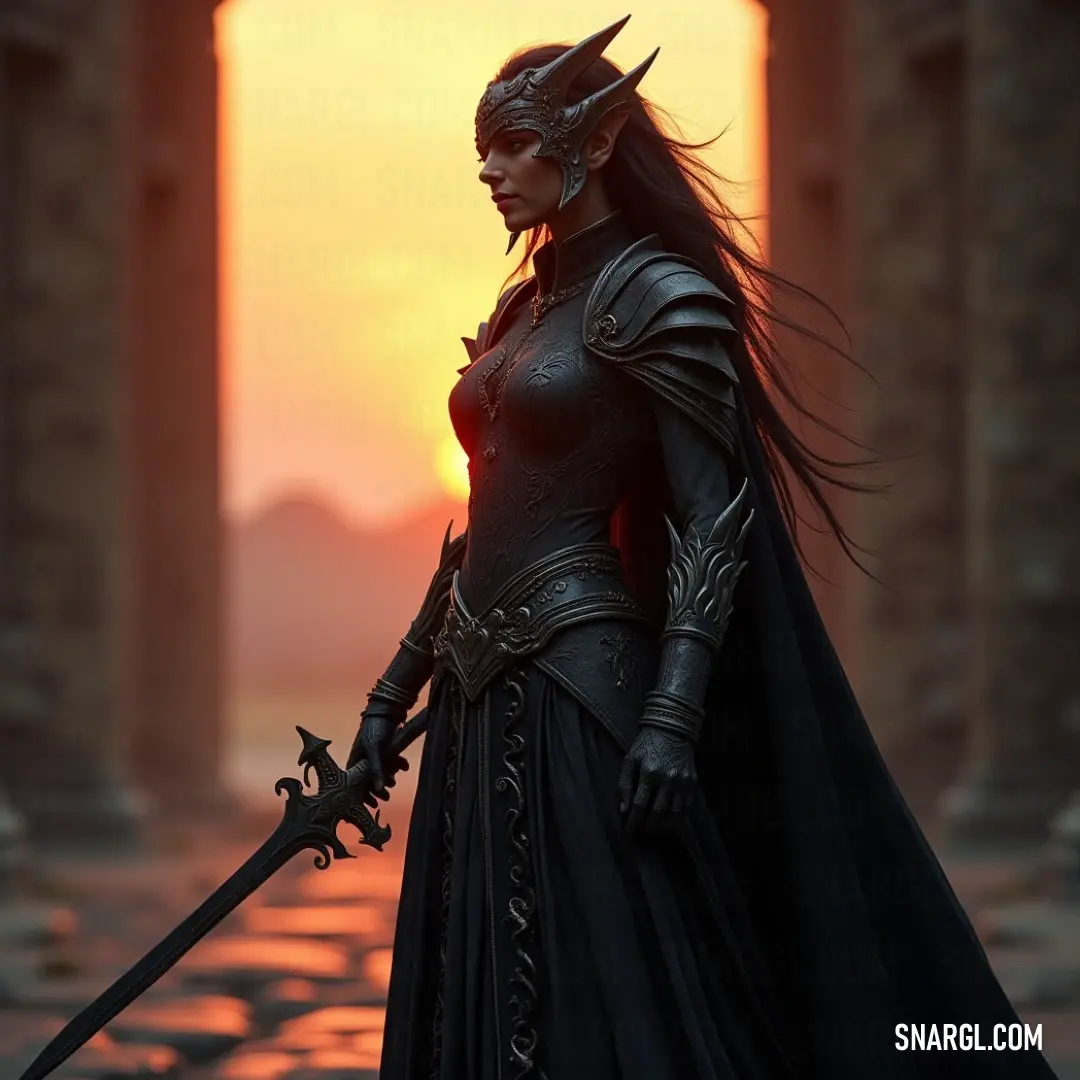 A powerful warrior in a black dress, sword drawn, silhouetted by a stunning sunset, exuding strength and resilience amidst the fading light of day. A striking figure clad in a flowing black dress stands confidently, wielding a sword against the backdrop of a breathtaking sunset, casting a warm glow around her, highlighting her determined expression and the intricate details of her attire.