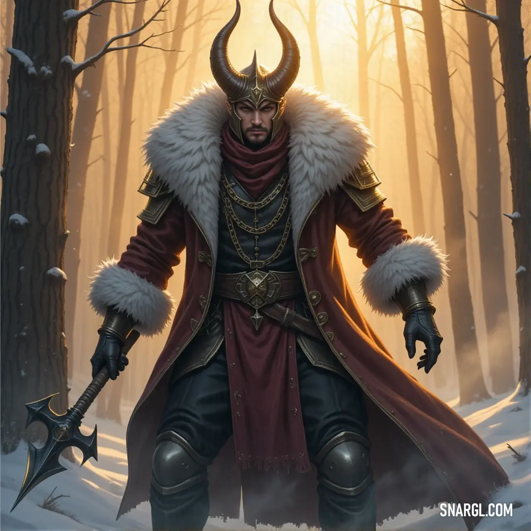 A determined inquisitor named Seraphi stands tall in a red coat and a horned hat, gripping a massive axe. Surrounded by towering snow-covered trees in a wintry forest, she looks poised and ready for action as flakes gently fall around her.