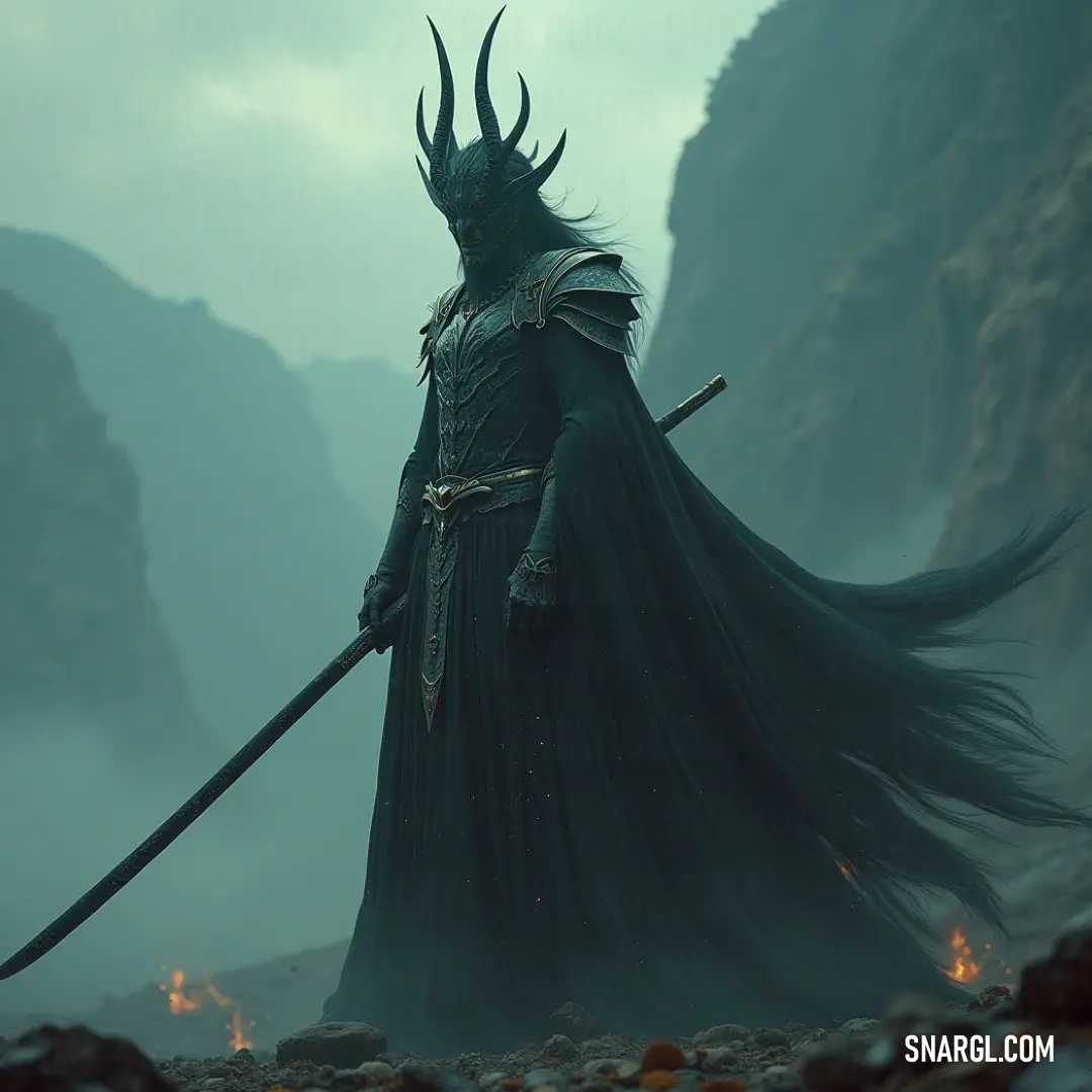 Inquisitor Sylas, clad in a bold black outfit with horns, confronts the rugged landscape, her sword poised for action against the majestic mountains behind her. In a rugged rocky setting, Inquisitor Sylas dons a striking black outfit with horns as she stands defiantly, her sword at the ready. The mountains loom in the background, accentuating her fierce spirit and unyielding strength.