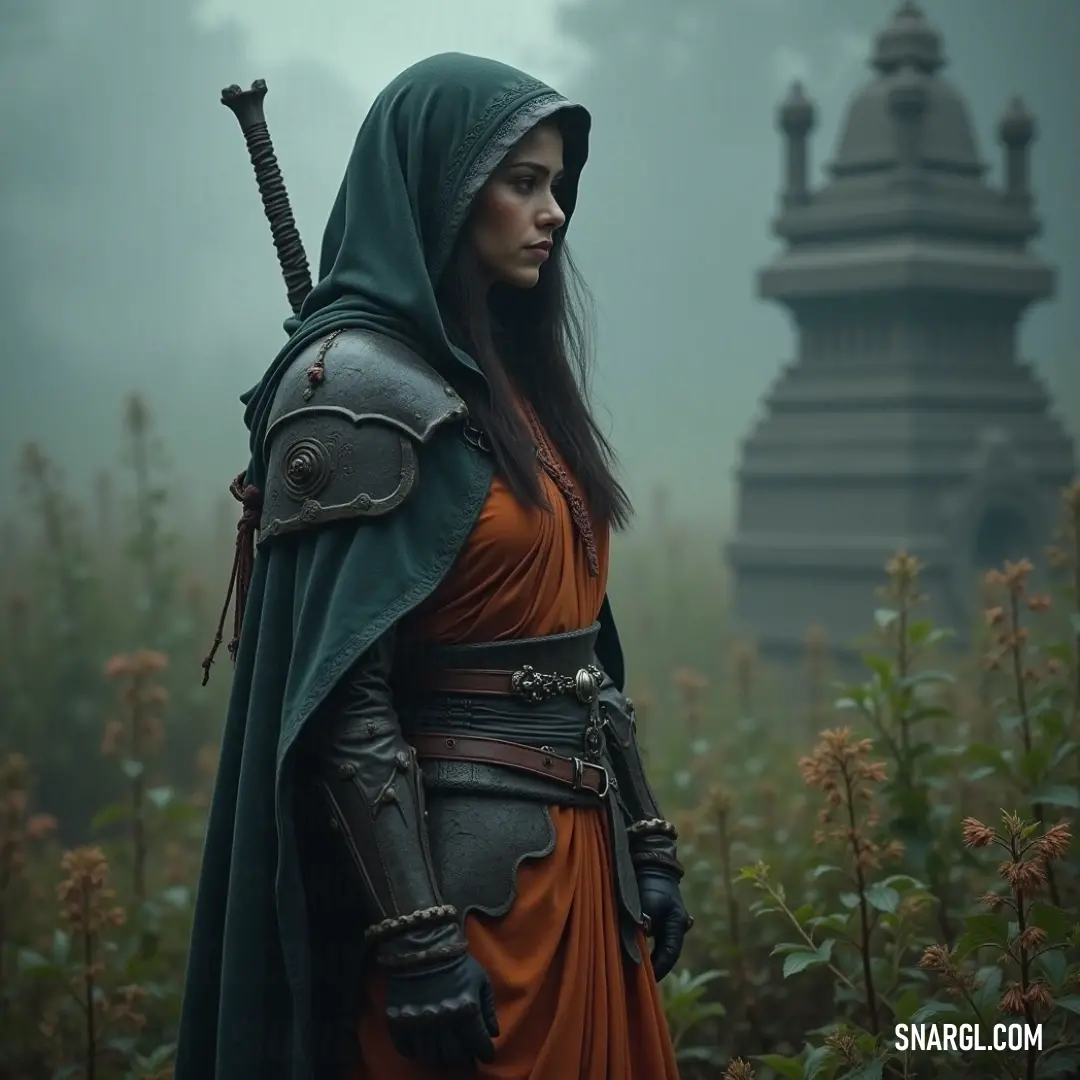 The enigmatic Inquisitor Sylas stands poised in a field, her sword reflecting her strength and determination, cloaked in mystery with a hooded outfit that hints at untold stories. Inquisitor Sylas exudes an air of mystery in her medieval apparel, holding a sword with confidence in a vibrant field. The hood of her outfit drapes over her face, adding to her enigmatic presence as she prepares for the unknown.