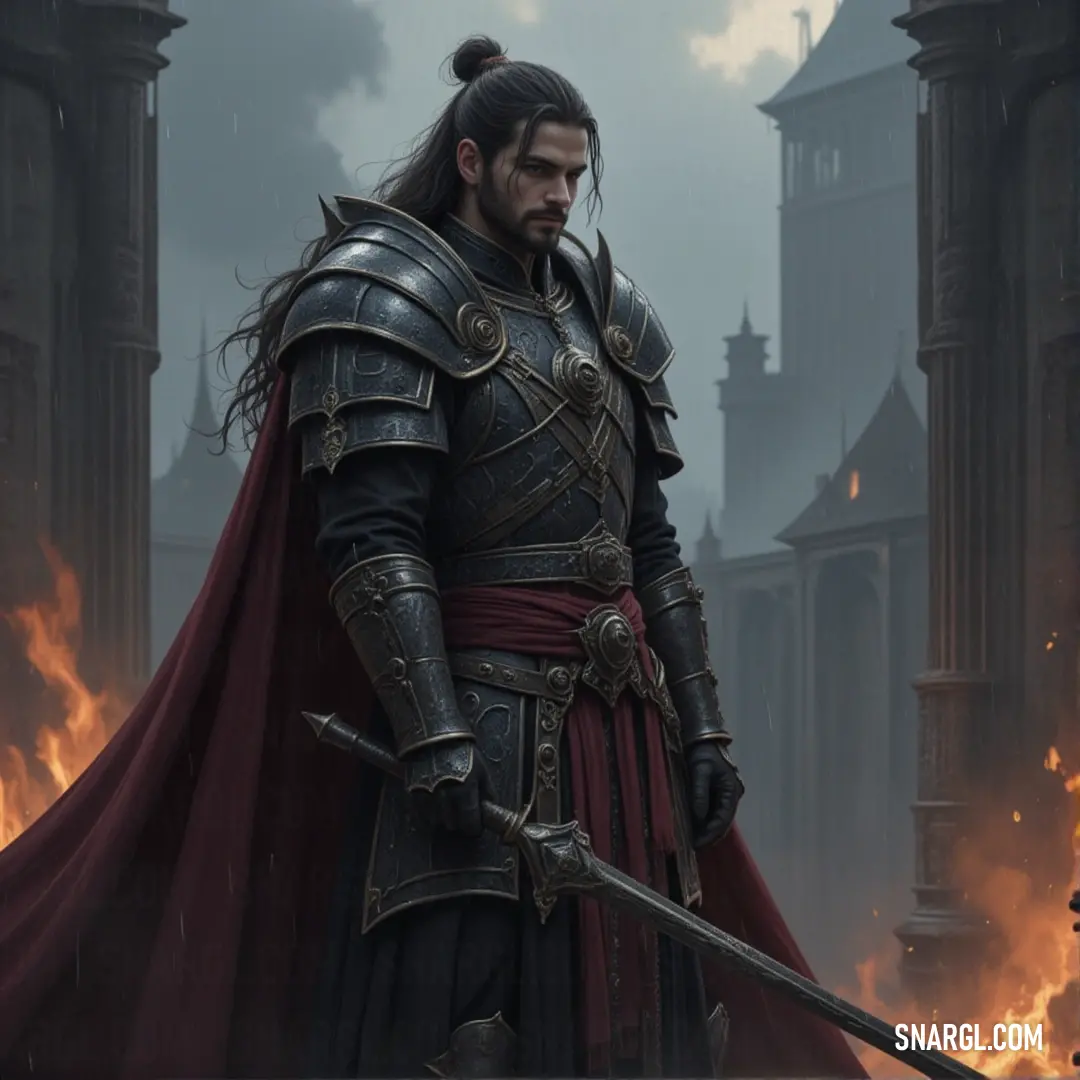 Inquisitor Sylas stands, sword raised, before a fiery cityscape, with the silhouette of a clock tower looming ominously in the background. Inquisitor Sylas, dressed in medieval armor, stands before a city in flames. The glow of the fire reflects off his sword, and the towering clock tower in the background adds to the intensity of the fiery scene.