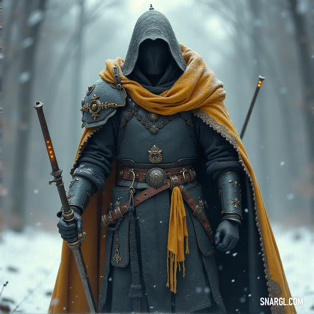 Inquisitor Torquemada, medieval garb and sword in hand, stands resolute in a snow-covered world, a symbol of unwavering strength. Inquisitor Torquemada, cloaked in a medieval outfit with a hood and yellow scarf, stands firm in the snowy landscape. His sword gleams in the frost, a symbol of his unshakable authority and resolve, as the cold winds swirl around him.