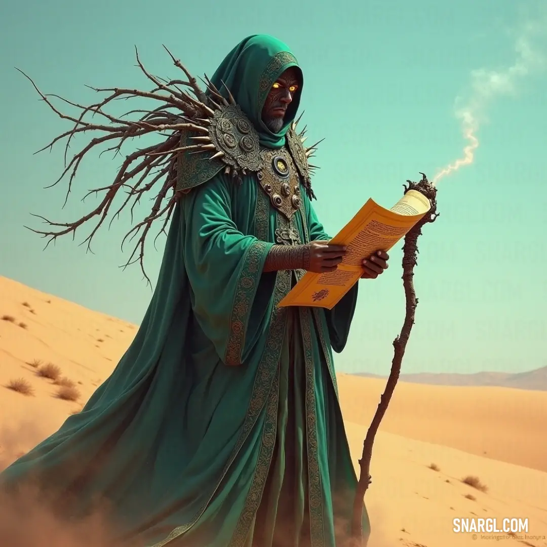 A sage-like character in a vivid green dress, balancing a book and a staff, stands in the arid desert, embodying wisdom against the infinitely expansive sky above. A wise figure clad in a vibrant green dress stands amidst the desert's vast expanse, clutching a book in one hand and a staff in the other. Above her, a brilliant sky reflects the boundless knowledge and dreams waiting to unfold.