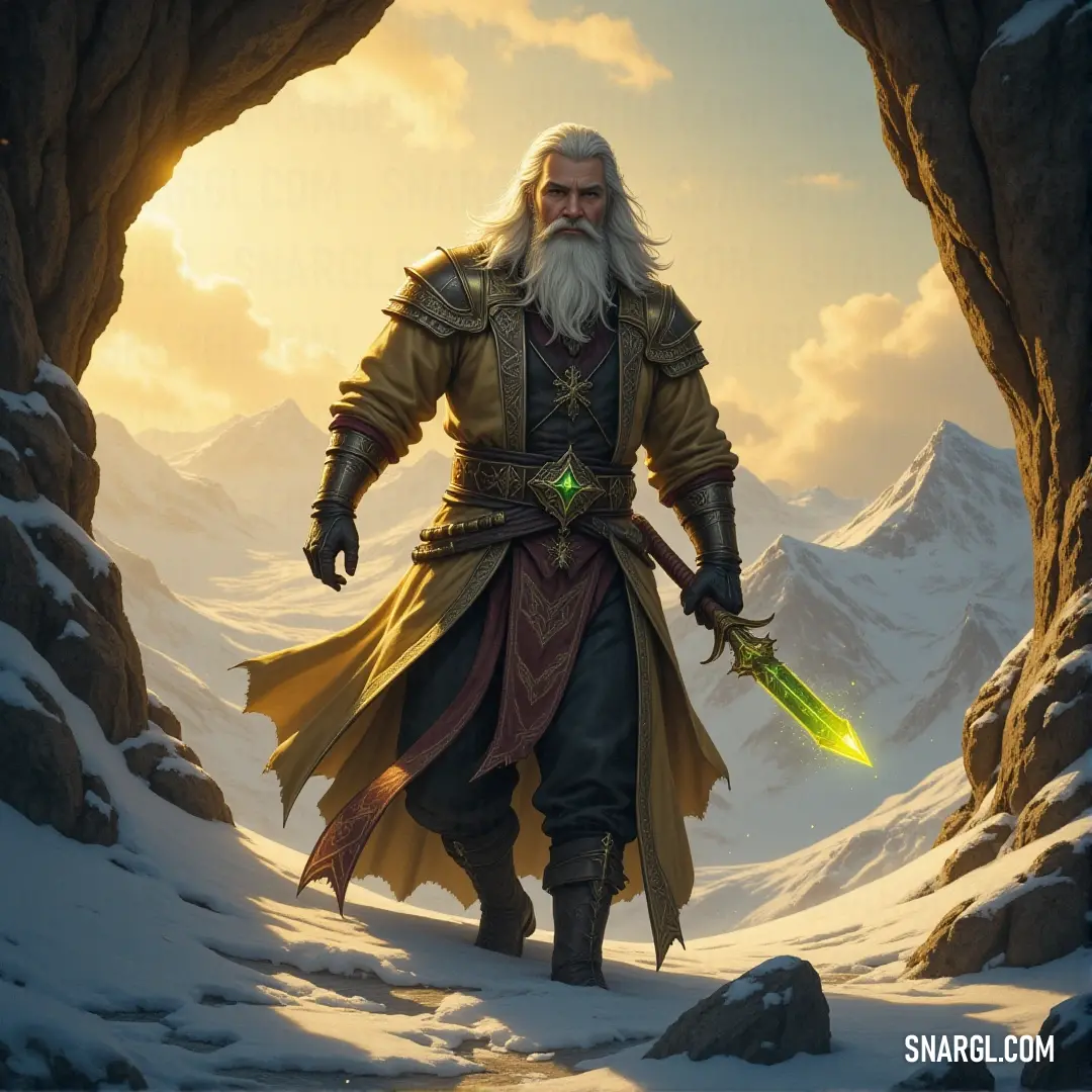 Inquisitor Torquemada, with a long white beard, stands in a frozen cave, sword in hand, ready to face any danger that lurks within. Inquisitor Torquemada, his long white beard flowing in the icy wind, stands in a snowy cave with a sword gripped tightly in his hand. The cave's cold stone walls surround him, accentuating his powerful presence in the chilling, silent environment.