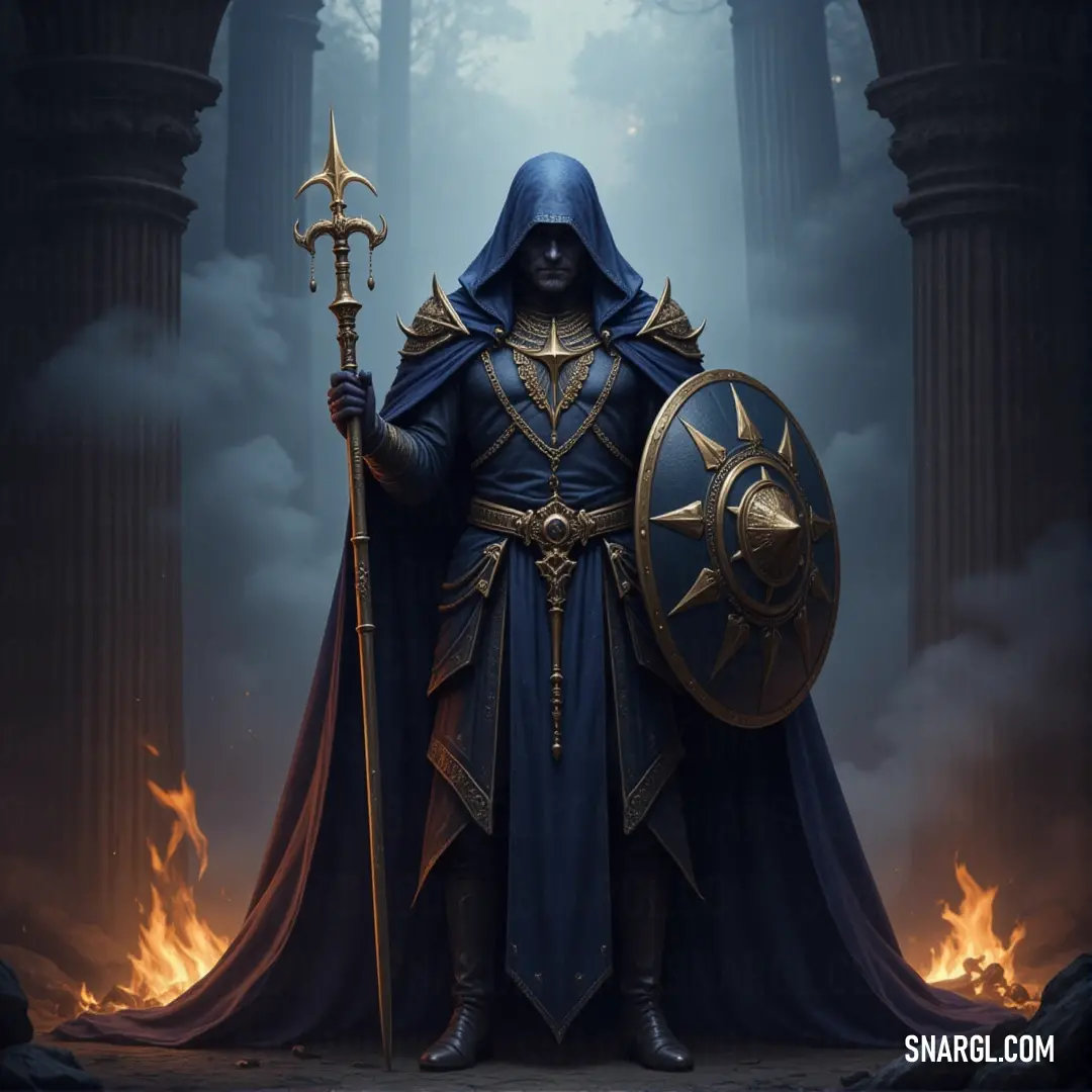 Inquisitor Trelawney in a hooded suit, with sword and shield in hand, standing firm in a dark forest with flames roaring behind. Inquisitor Trelawney, cloaked in a dark hooded suit, grips both a sword and shield, standing amidst a dark forest. Fiery flames roar behind him, illuminating the shadows around him as he prepares for an epic confrontation.