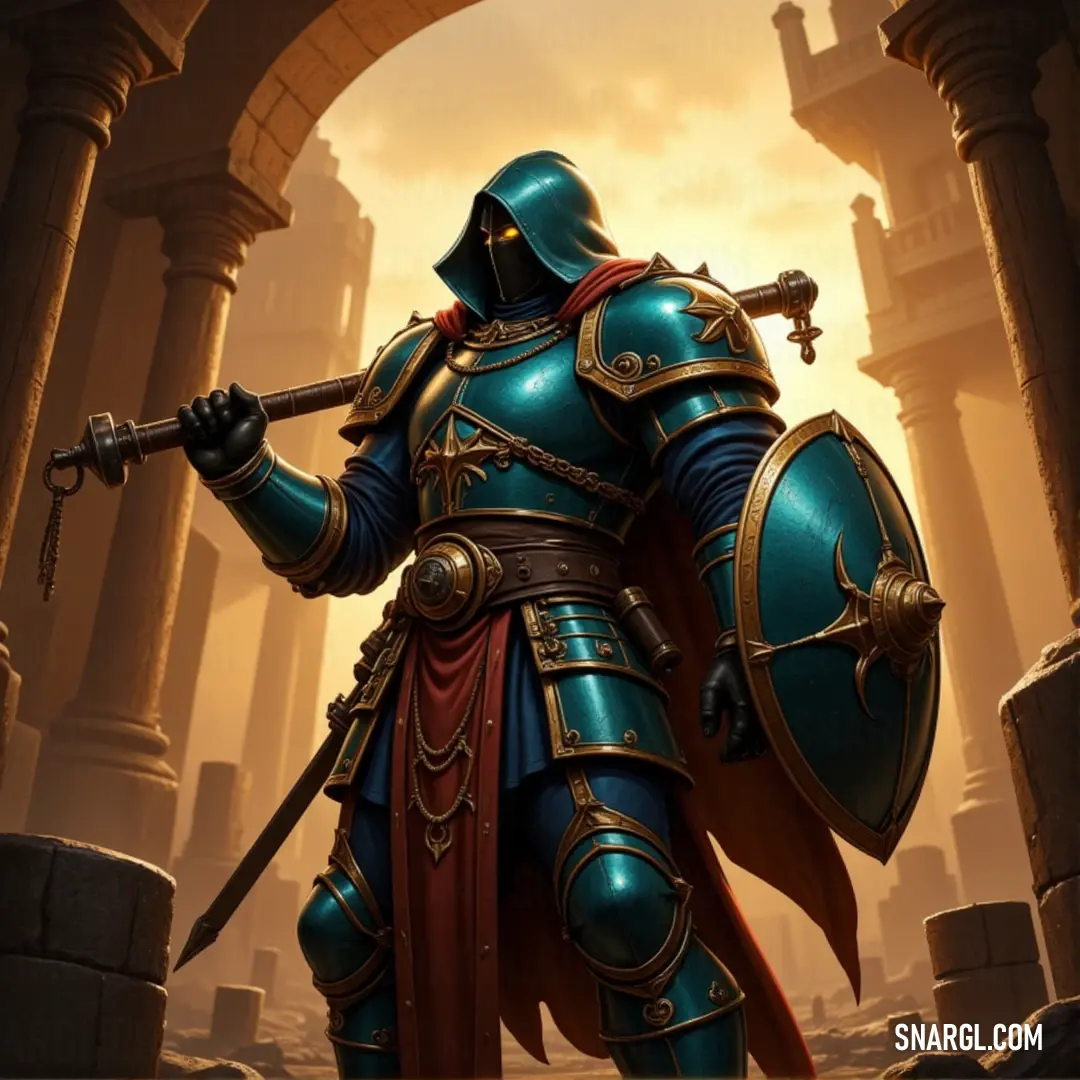 Inquisitor Veil, clad in blue armor, stands in a majestic courtyard with sword and shield in hand, ready to protect the realm. Inquisitor Veil, wearing blue armor, stands in a grand courtyard surrounded by towering columns. With sword and shield in hand, he looks both regal and ready, as if guarding this noble space from unseen threats.