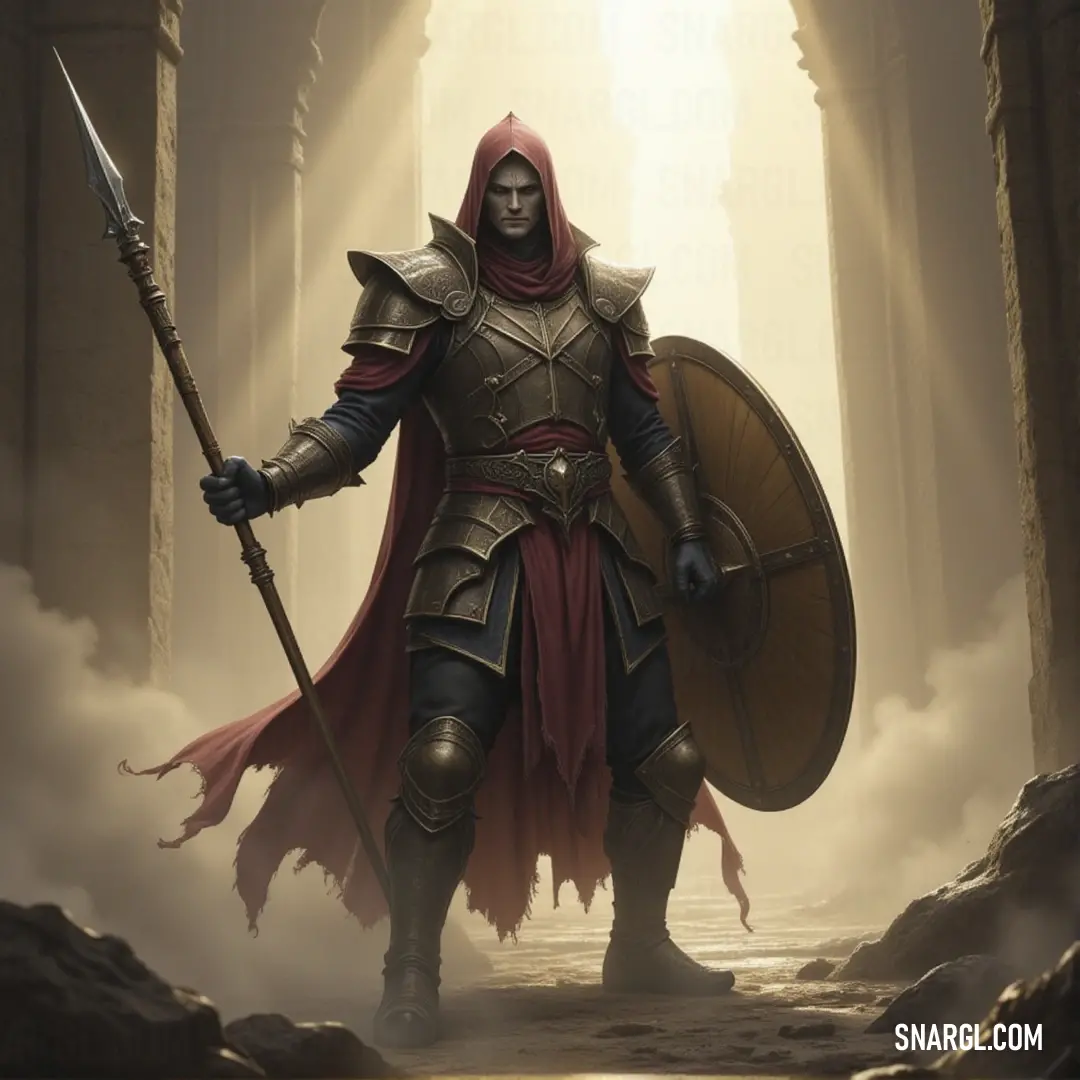 Inquisitor Veil, in a red cloak and cape, stands in a foggy landscape, wielding both sword and shield, prepared for unseen challenges. Inquisitor Veil, cloaked in red and bearing both a sword and shield, stands amidst the fog. The mist seems to swirl around him, enhancing his aura of mystery and his readiness to confront whatever dangers lurk in the unseen.