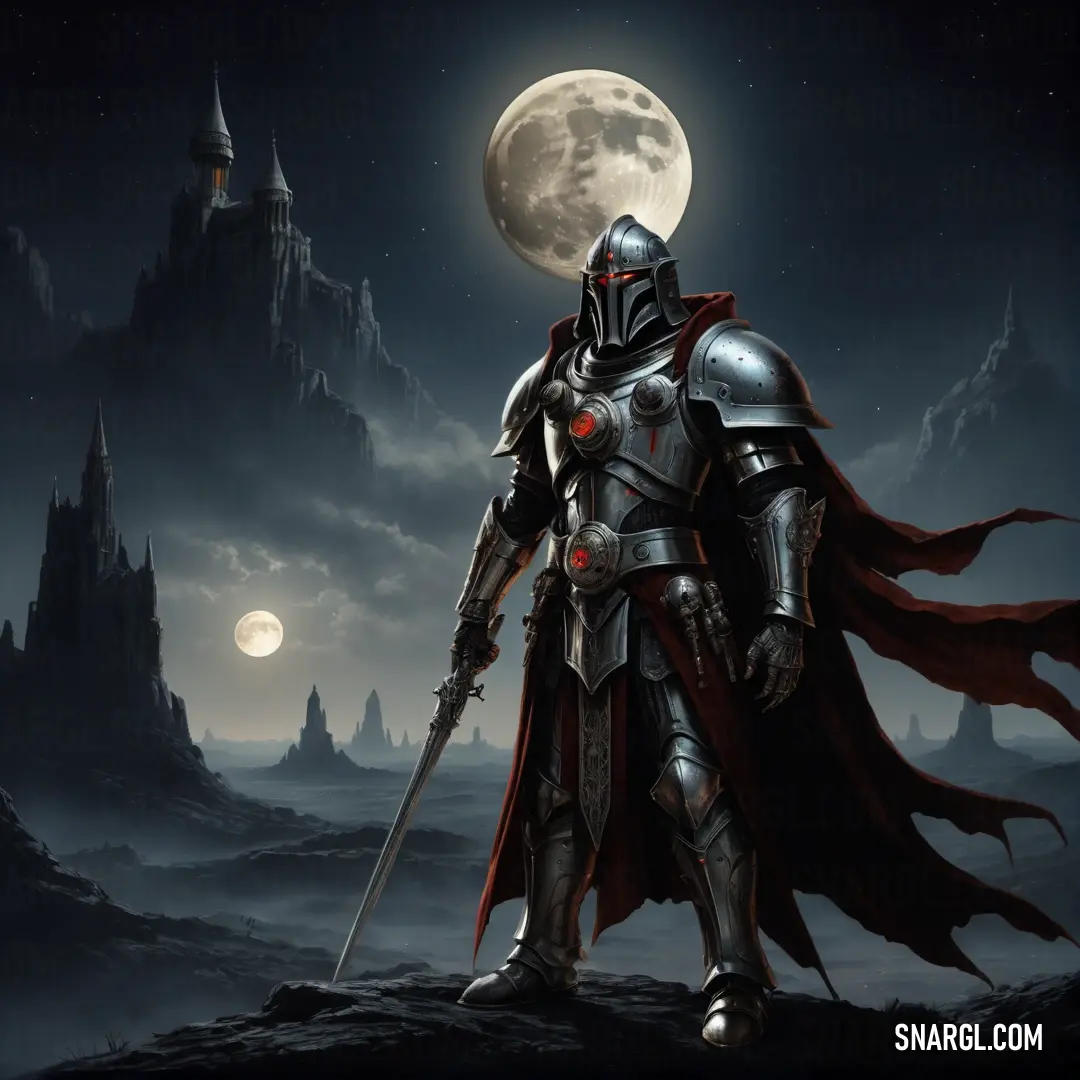 Knight in armor standing in front of a castle at night with a full moon in the background