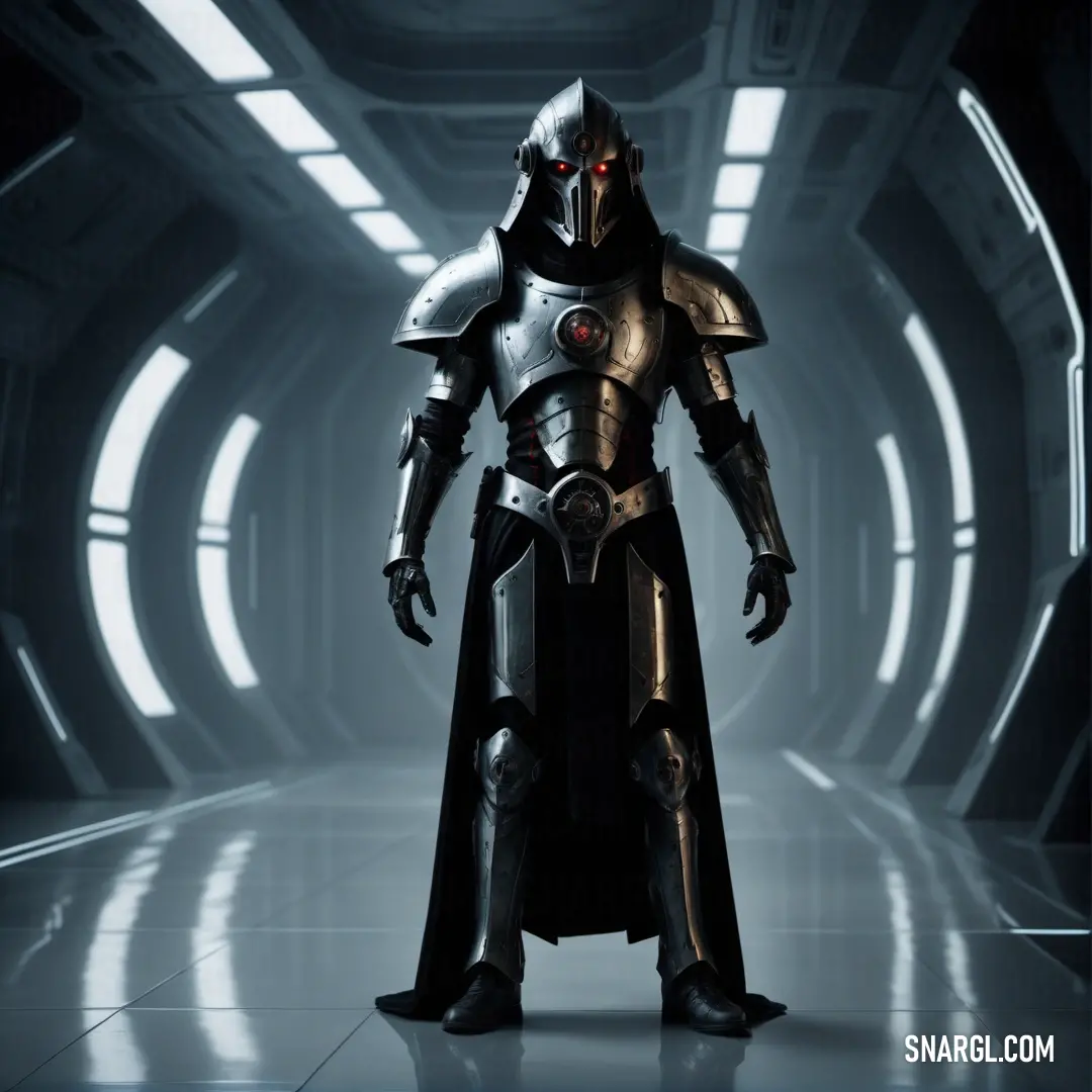 Inquisitor in a futuristic suit standing in a tunnel with lights on the ceiling and a helmet on his head