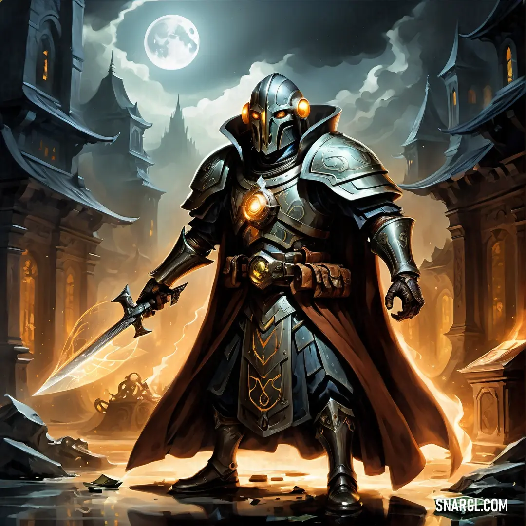 Inquisitor in a knight costume holding a sword in a dark city with a full moon in the background