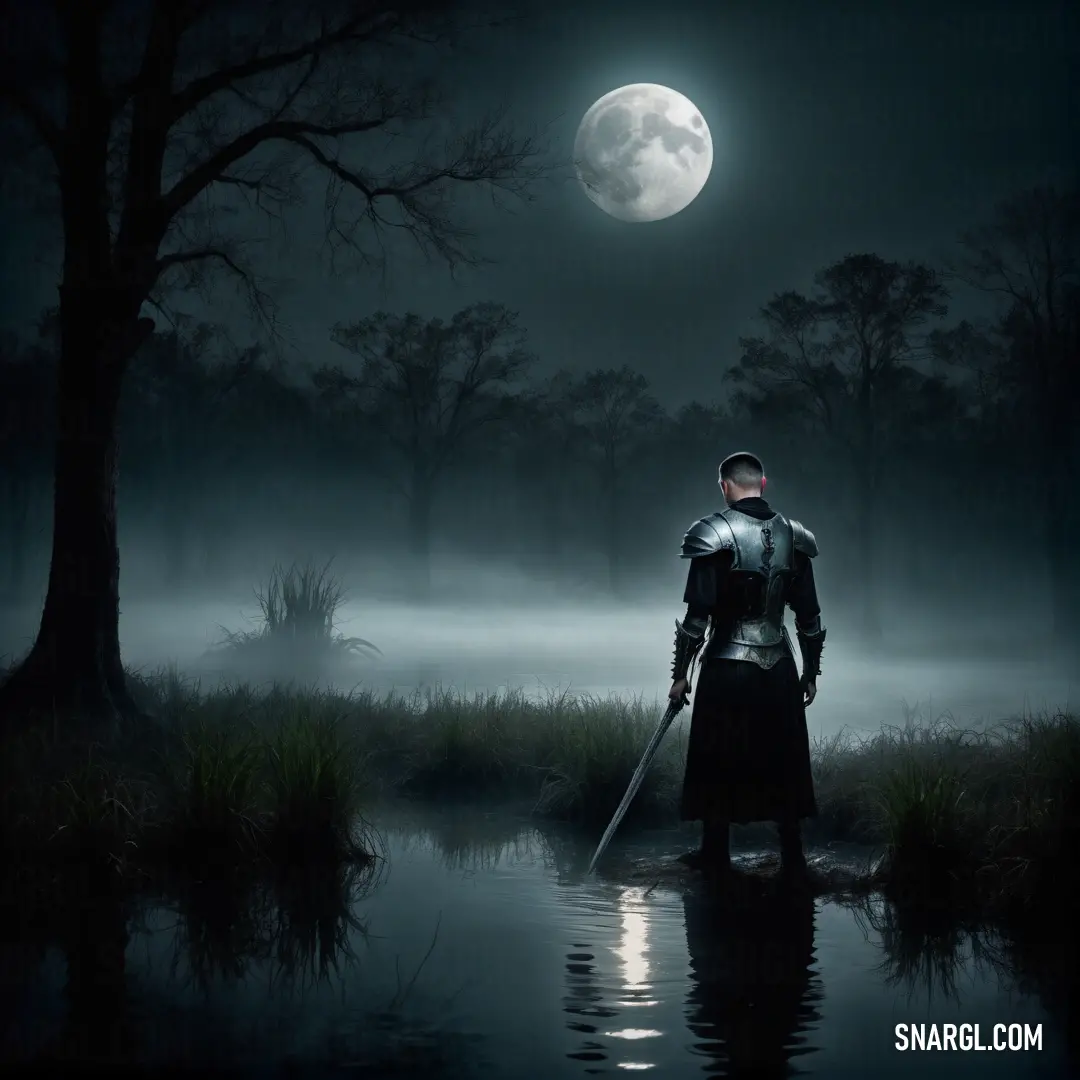 Inquisitor in a knight costume standing in a river at night with a sword in his hand and a full moon in the background