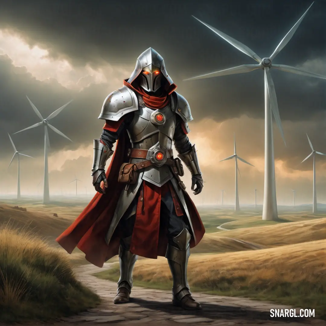 Inquisitor in a knight costume standing in front of windmills