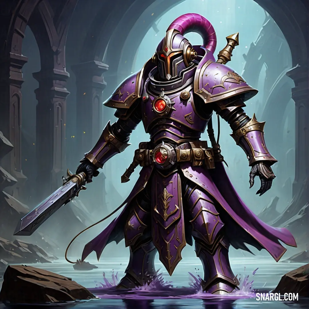 Inquisitor in a purple suit holding a sword