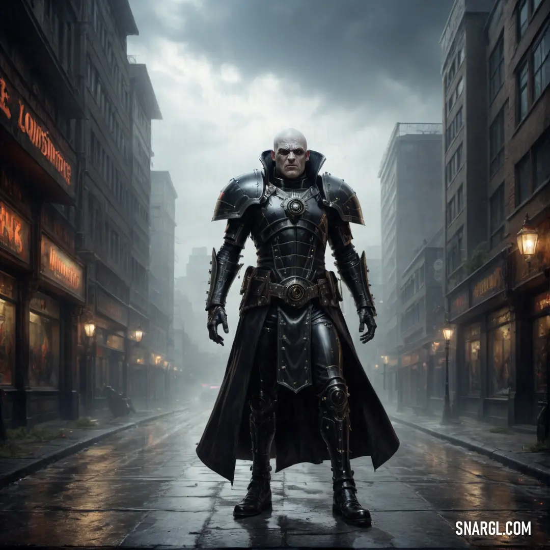 Inquisitor in a suit and helmet standing on a wet street in a city at night with a dark sky