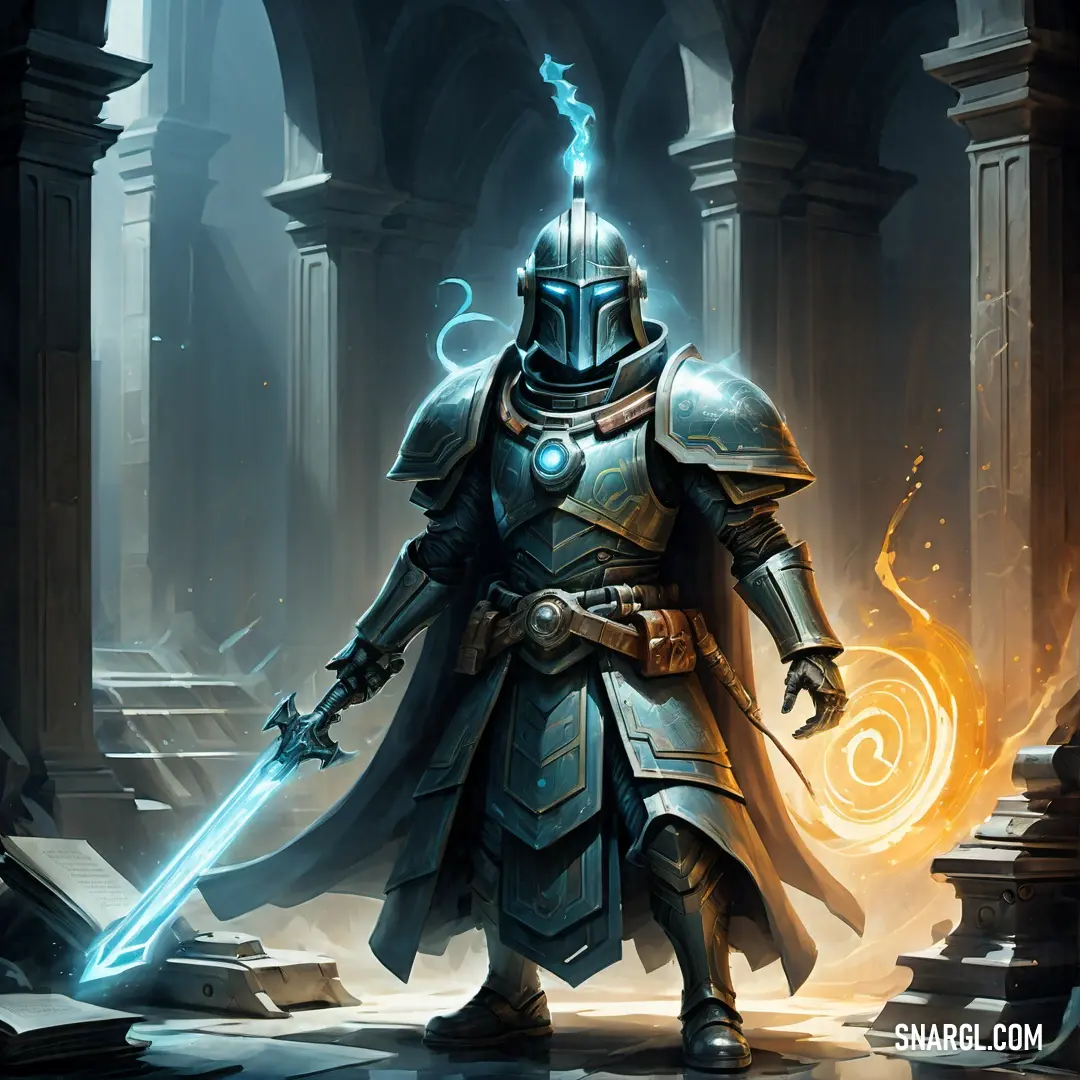 Inquisitor in a suit of armor holding a sword in a dark room with columns and arches in the background