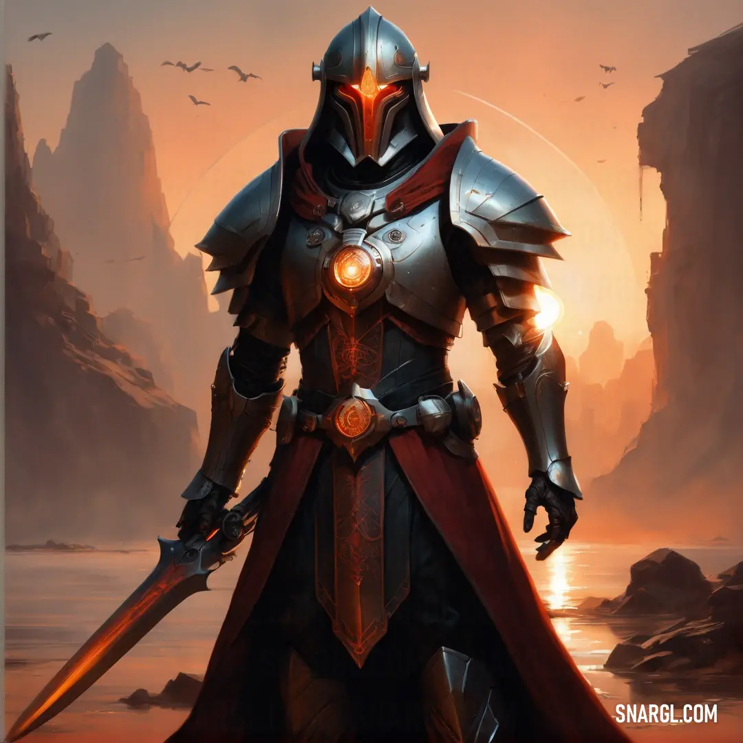 Inquisitor in a suit of armor holding a sword in front of a sunset and a mountain landscape with birds