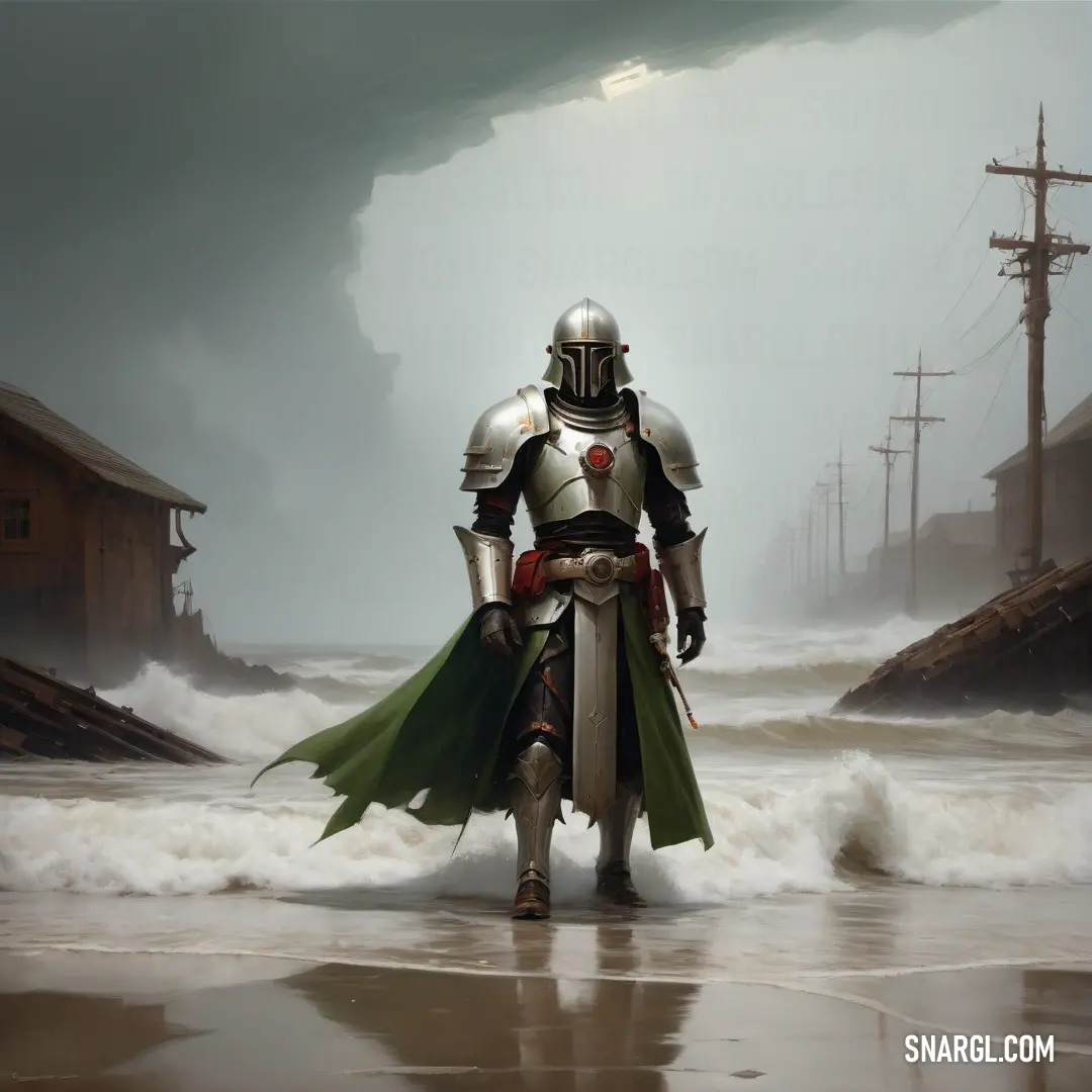 Inquisitor in a suit of armor walking through the water with a boat in the background