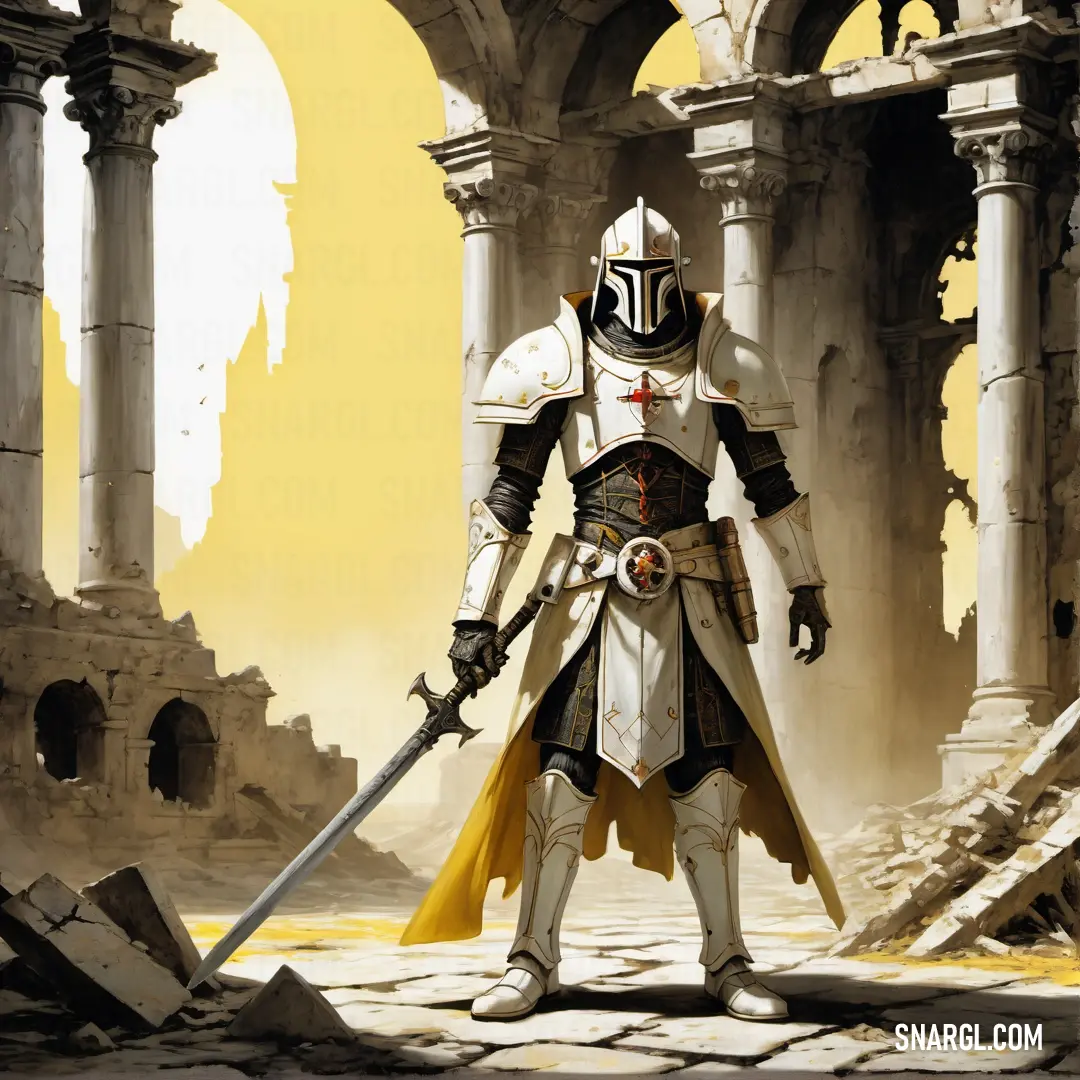 Inquisitor in a white and black suit holding a sword in a ruined building with columns and arches in the background