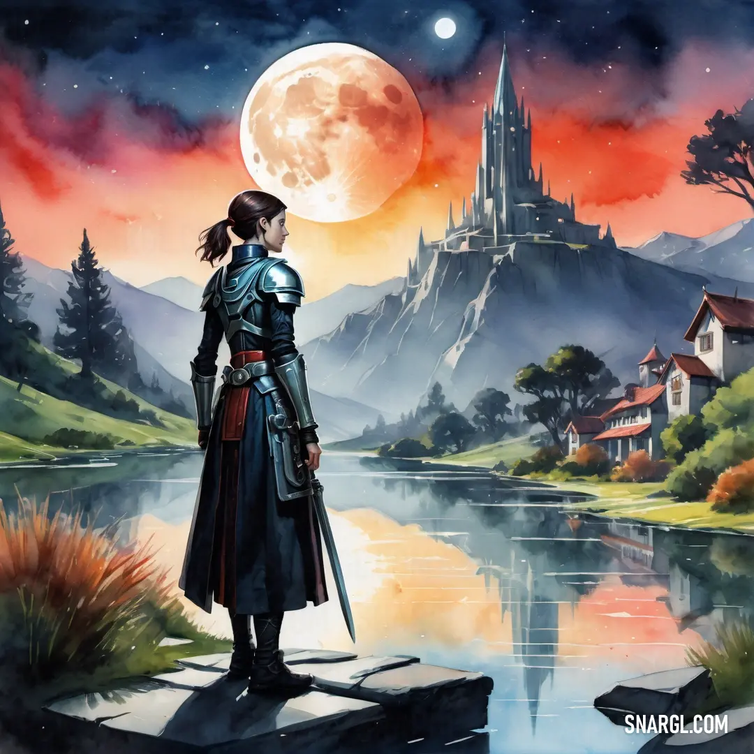 Painting of a female Inquisitor standing on a rock looking at a castle and a lake at night with a full moon