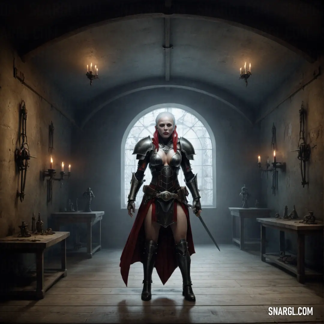 Inquisitor dressed in armor and holding a sword in a dark room with a window in the background and candles lit