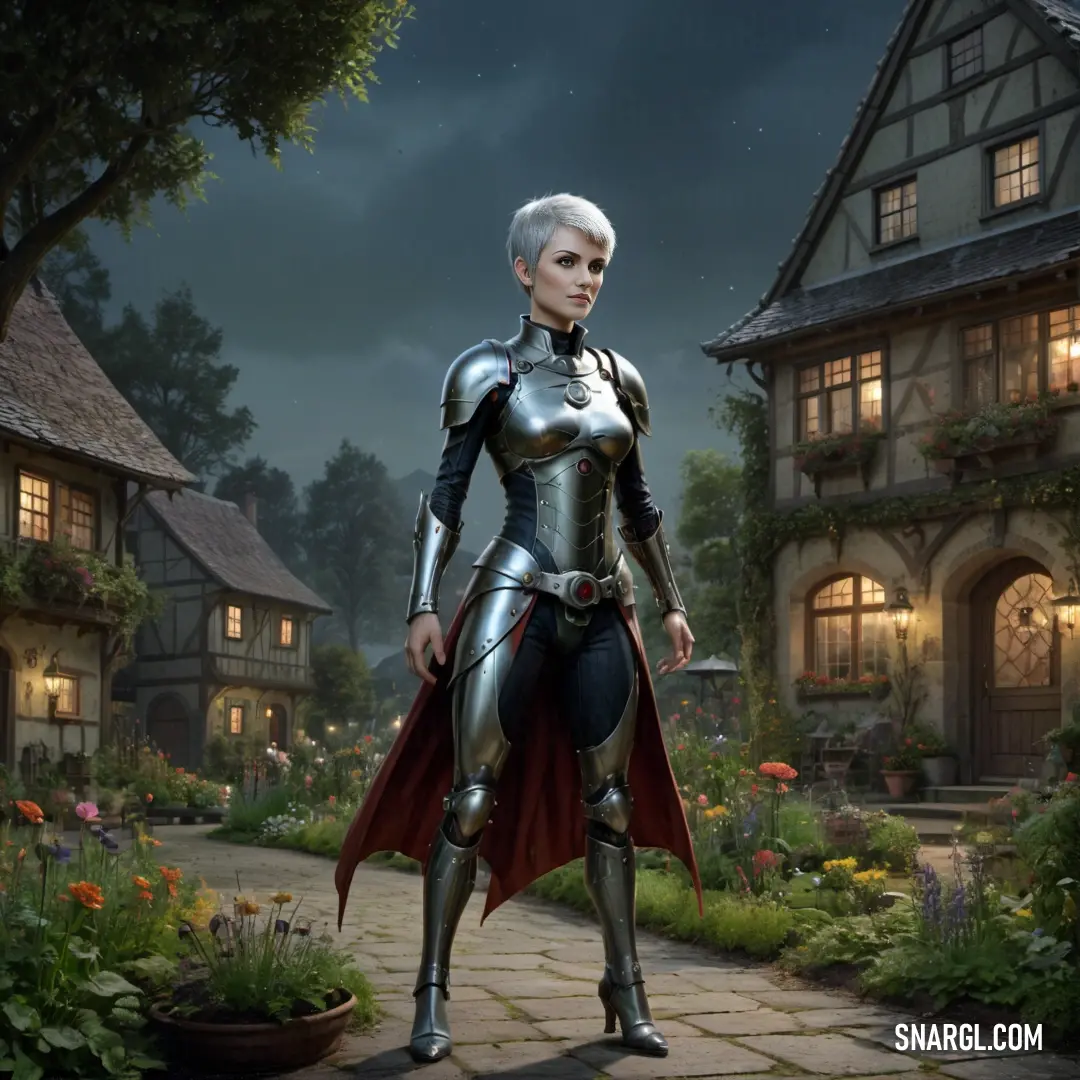 Inquisitor in a suit of armor standing in front of a house at night with a full moon in the background