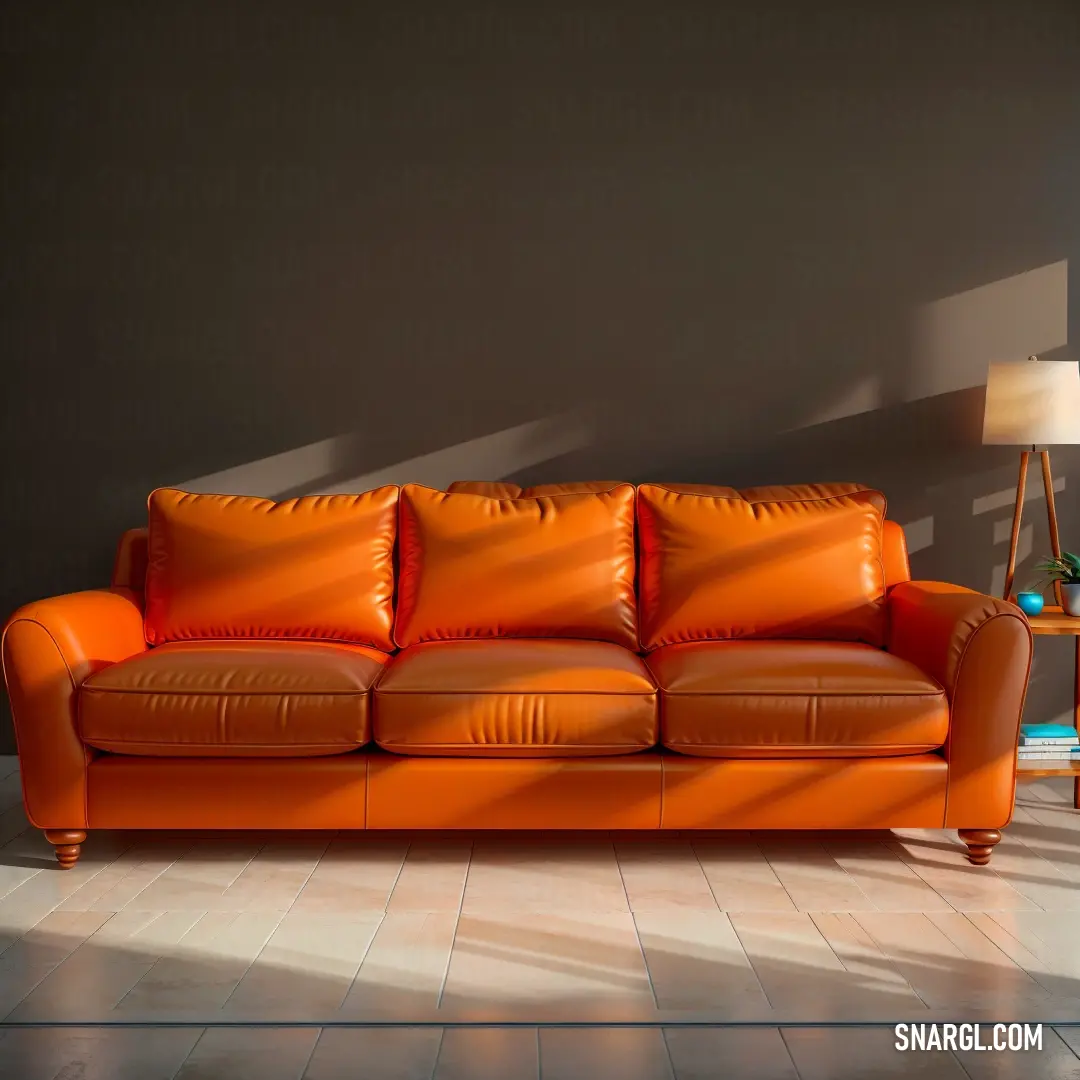 International orange (Safety orange) color example: Couch in a room with a lamp on the side table and a lamp on the side table