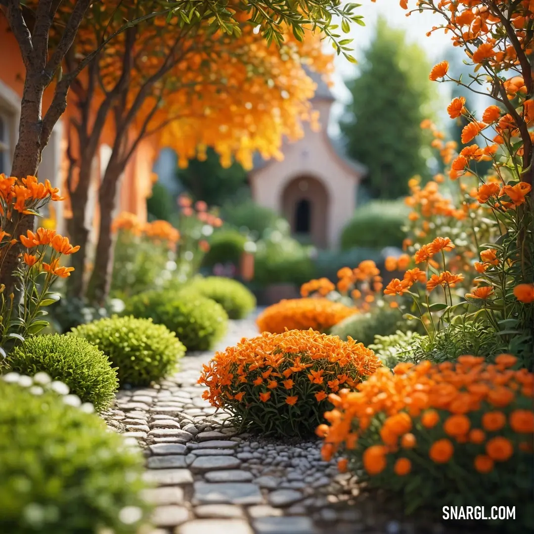 Garden with orange flowers and trees in the background. Example of International orange (Safety orange) color.
