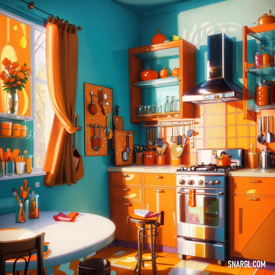 International orange (Safety orange) color. Kitchen with orange and blue walls and a white table and chairs and a window with curtains and a potted plant