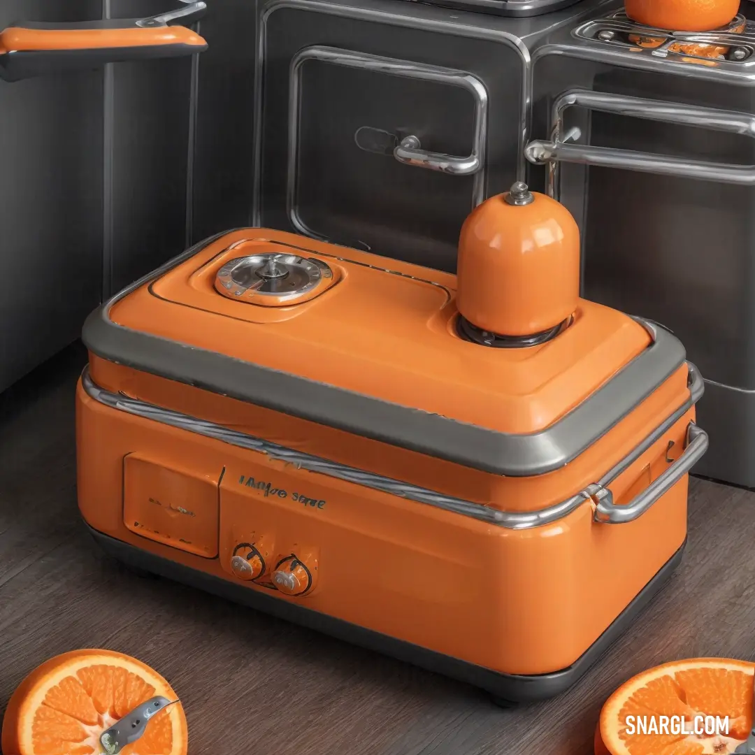 International orange (Safety orange) color example: Orange and grey suitcase with orange slices around it and a silver tray with oranges on it and a silver tray