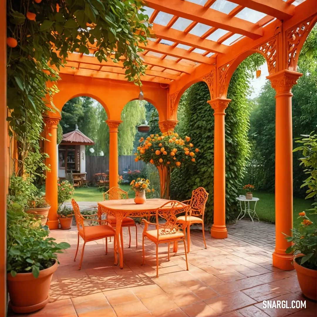 Patio with a table and chairs and a pergoline roof with orange flowers on it and a gazebo. Color #FF4F00.