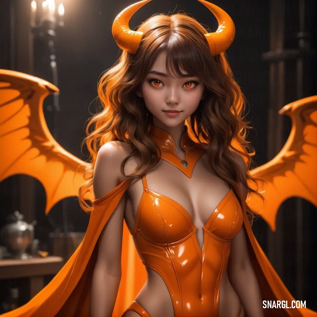 Woman in a leather outfit with horns and wings on her head and a demon like body. Example of CMYK 0,69,100,0 color.