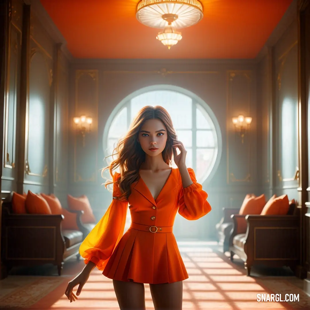 Woman in an orange dress is standing in a room with a chandelier and a couch in the background. Color #FF4F00.
