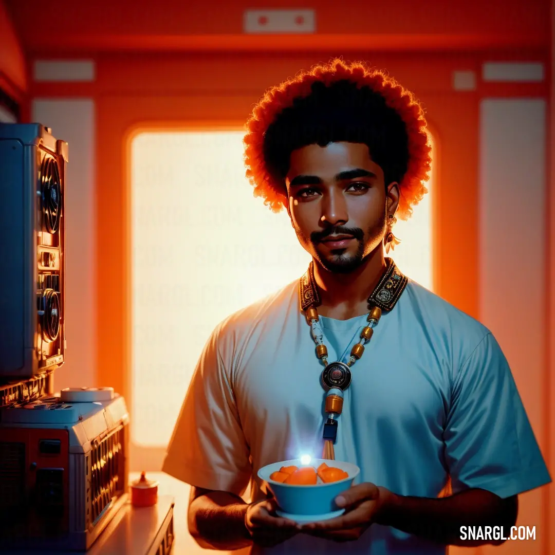 Man holding a bowl of food in a room with a light on it and a radio in the background. Color International orange (Safety orange).