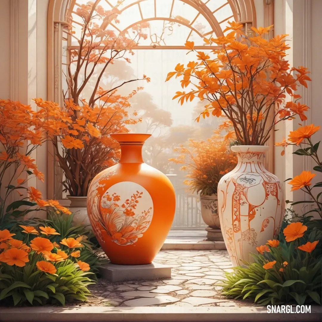 International orange (Safety orange) color. Painting of two vases in a garden with orange flowers and trees in the background