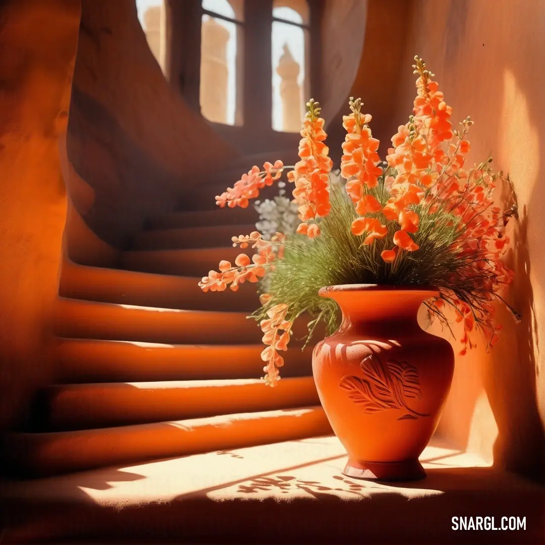 Vase with flowers in it on a set of stairs in a building with a staircase in the background. Color CMYK 0,69,100,0.