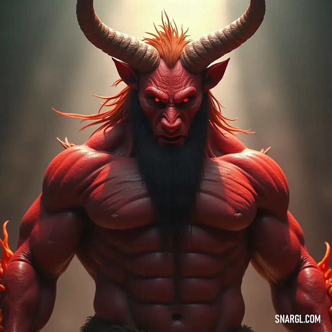 A regal Red Inu-Yasha with prominent horns and an ornate beard, a blend of wisdom and wild charm. A Red Inu-Yasha, with swirling horns and a majestic beard, commands attention, conveying both wisdom and wildness, as it stands against a backdrop of nature's grandeur.