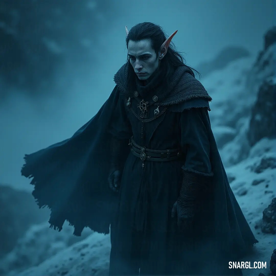 Ioreth in a black cloak and horns standing on a snowy hill in the dark with fog