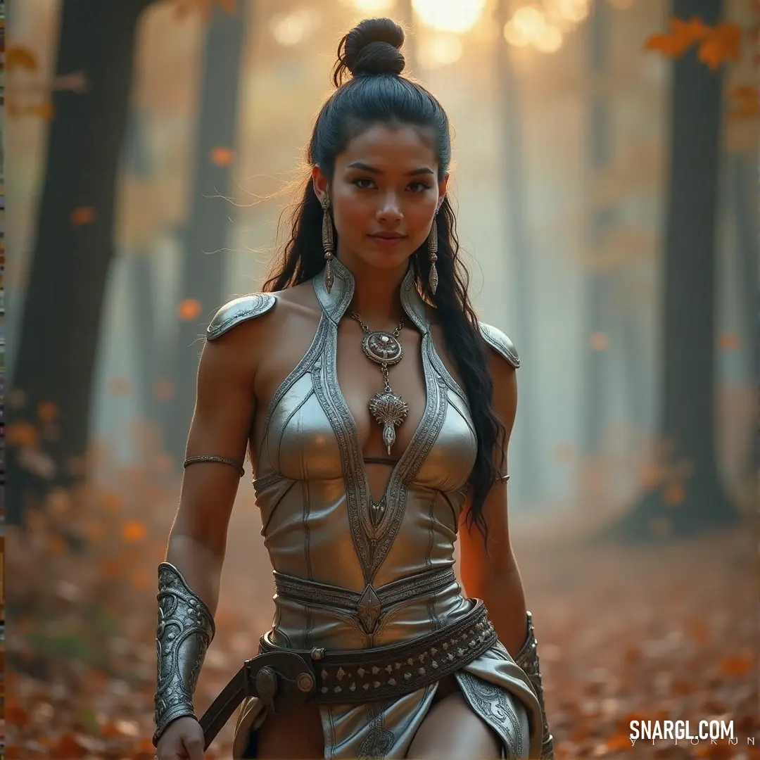 A mystical figure, Iphito stands in a tranquil forest, surrounded by fallen leaves and towering trees, her costume blending with the natural world as she gazes thoughtfully into the distance, lost in her own world.