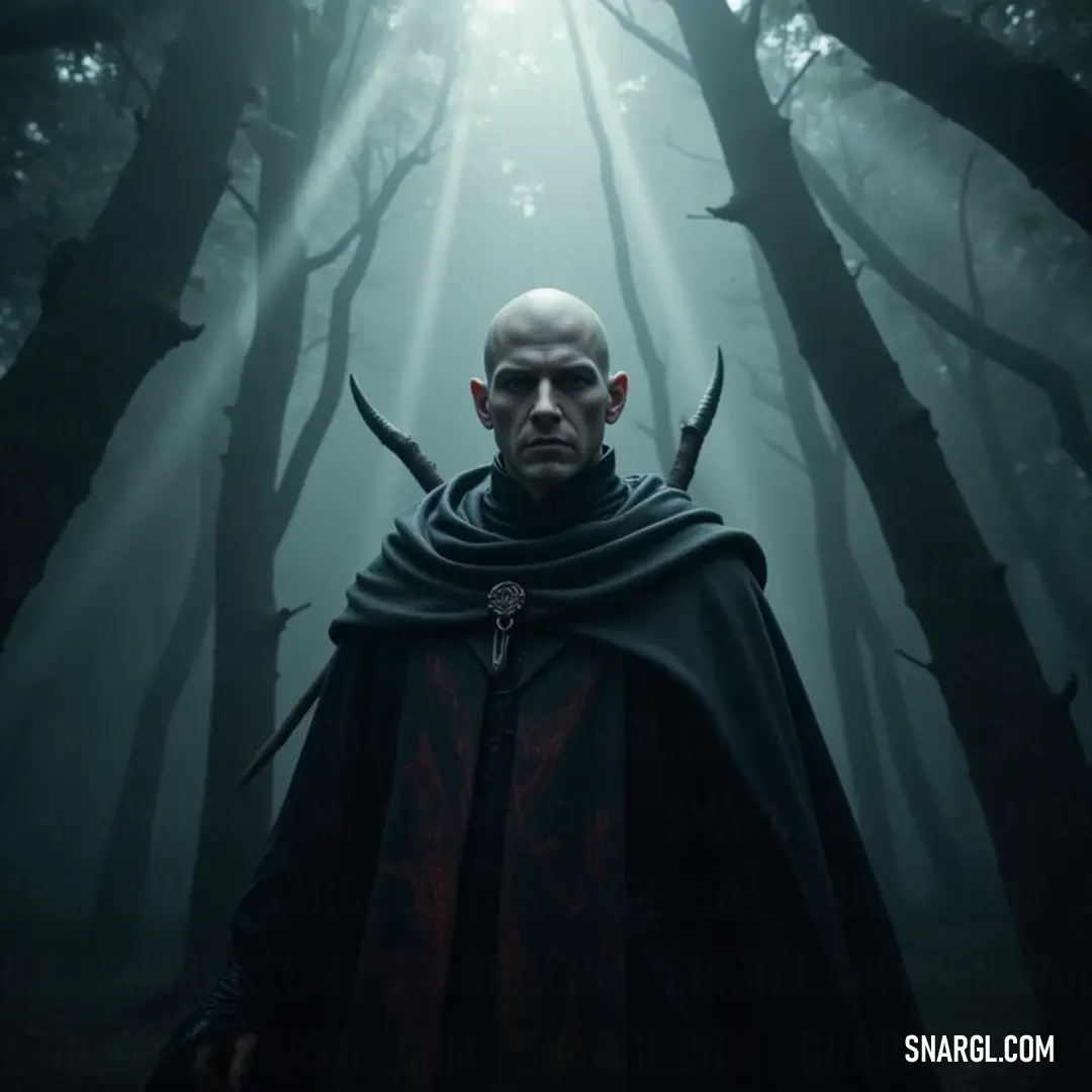 A hooded figure, adorned with horns, stands amid the misty woods, cloaked in mystery as soft light breaks through the dense fog, revealing their commanding presence. Veiled in an enigmatic cloak, a horned figure emerges from the fog-laden woods, illuminated by ethereal light that shimmers from behind, creating an aura of mystique and ancient power.