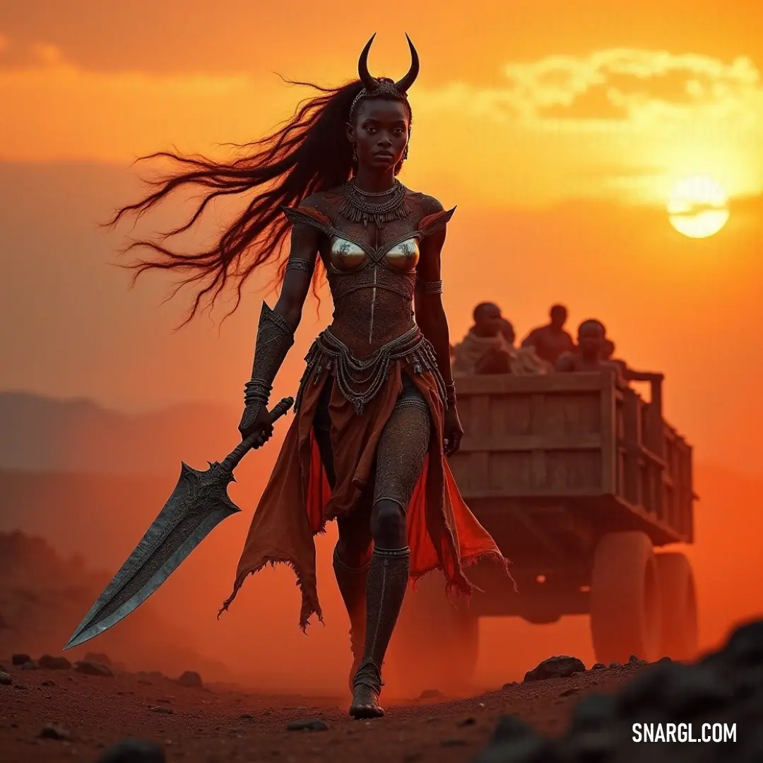 Ireti in a desert at sunset, wielding a sword with a truck in the background. Ireti, with horns atop her head and a sword in hand, strides confidently across a sunlit desert at sunset. A truck looms in the background as the fiery hues of the setting sun bathe the scene in warm colors.