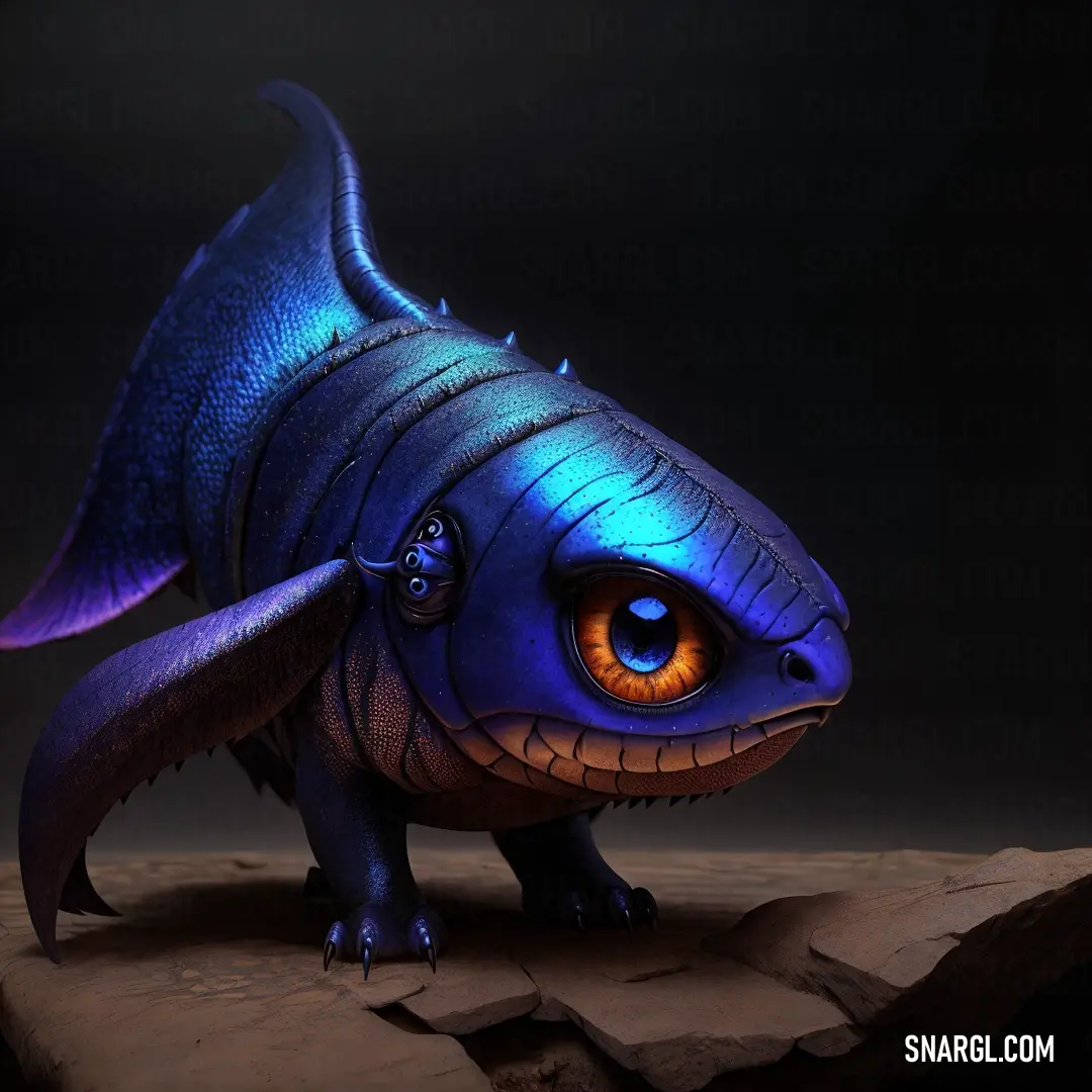 Blue fish with orange eyes on a rock in the dark with a black background